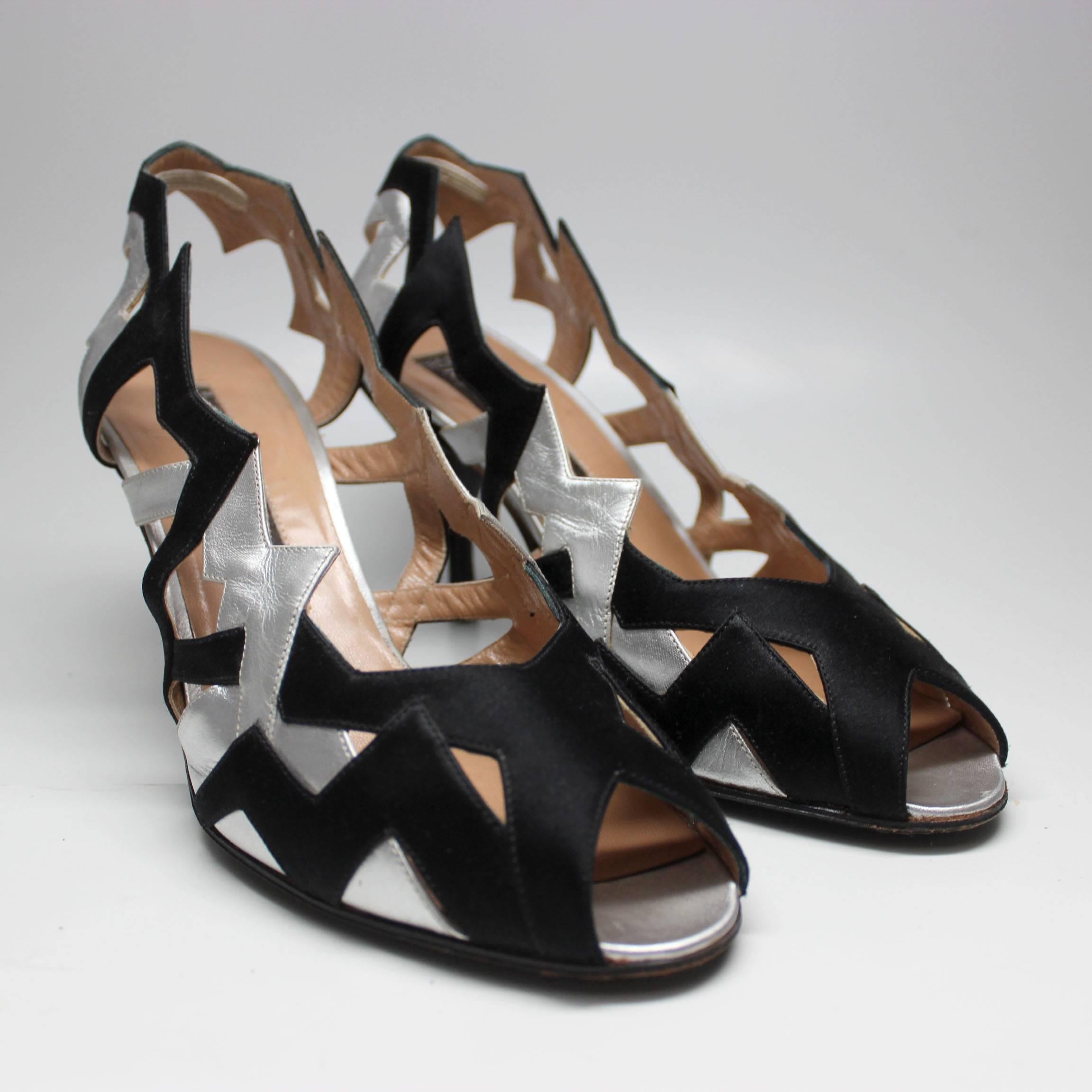 1980s Maud Frizon Black and Silver Geometric Heel For Sale 1