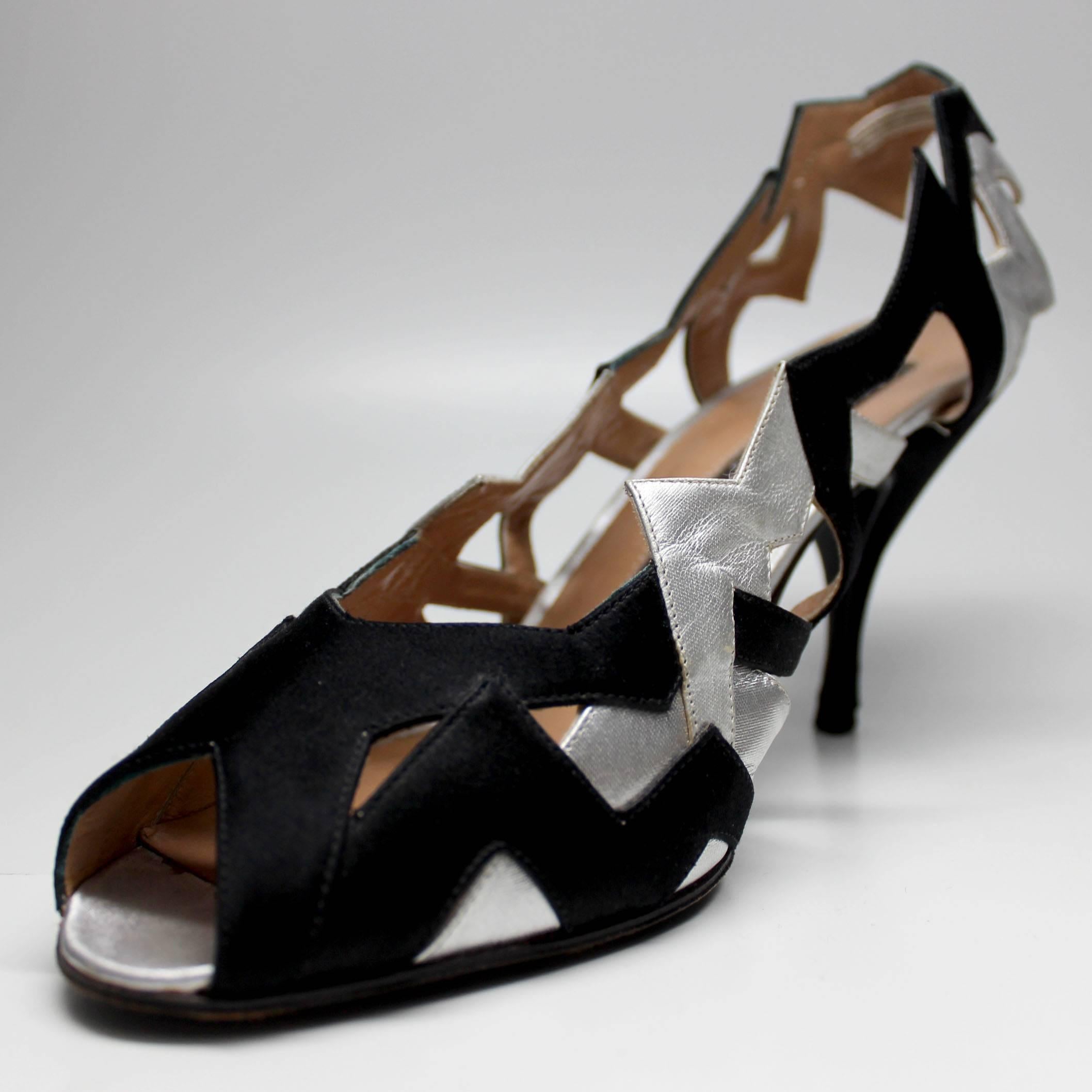 1980s Maud Frizon Black and Silver Geometric Heel For Sale 2