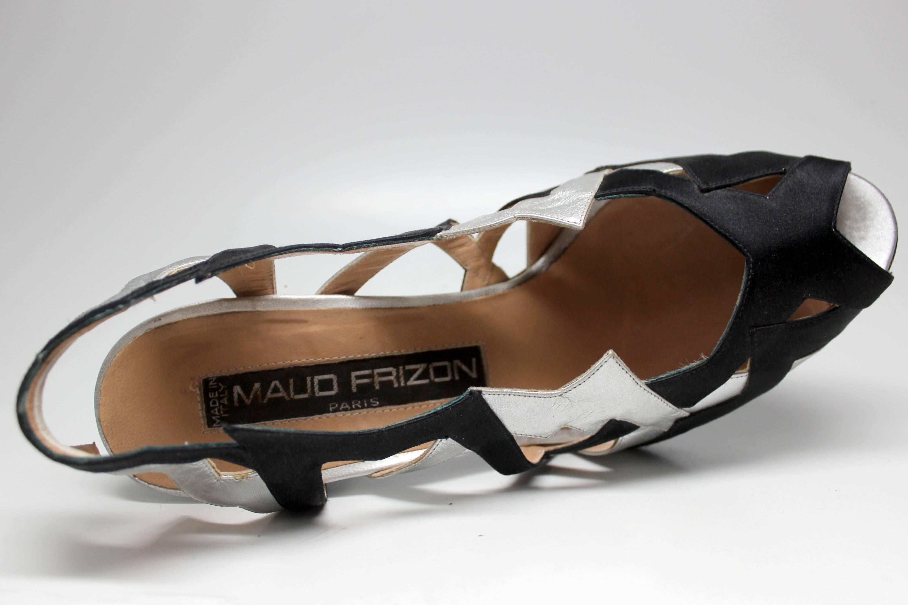 1980s Maud Frizon Black and Silver Geometric Heel For Sale 3