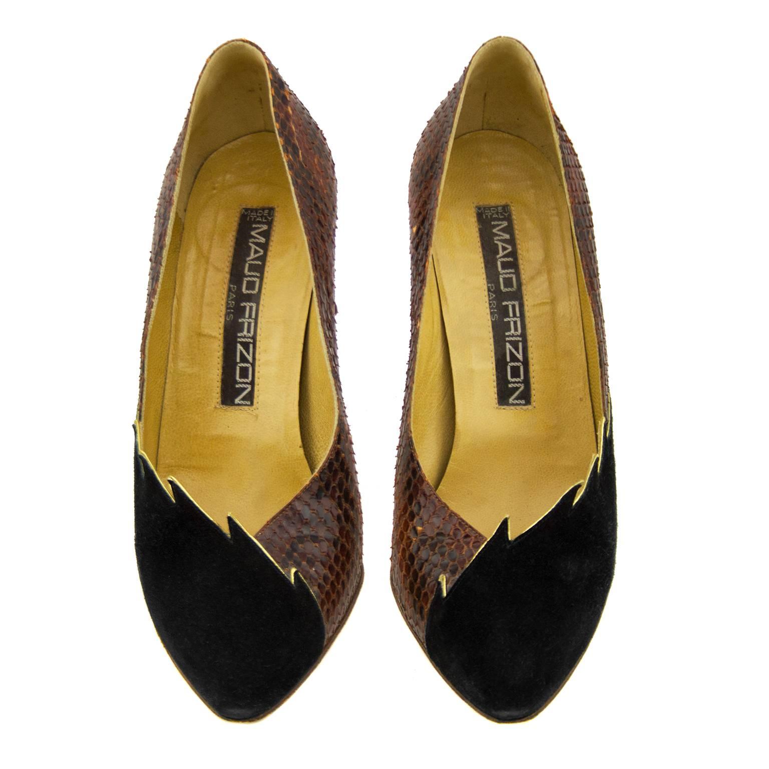 Brown 1980s Maud Frizon Black Suede and Exotic Skin Pumps 