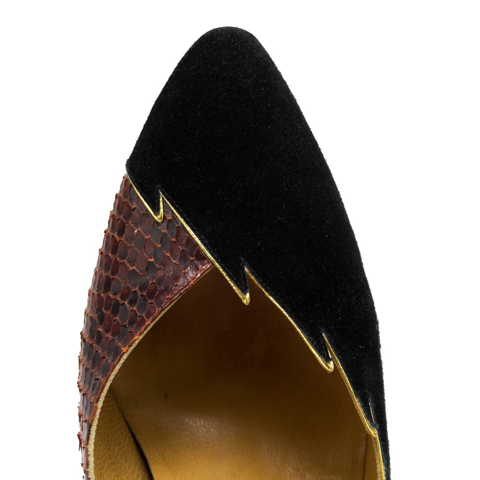 Women's 1980s Maud Frizon Black Suede and Exotic Skin Pumps 