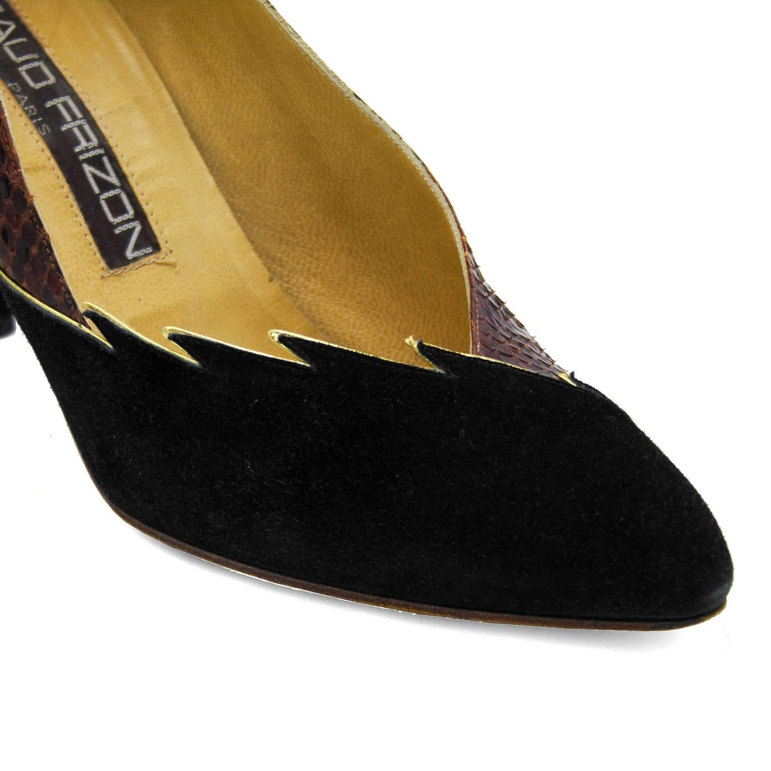 1980s Maud Frizon Black Suede and Exotic Skin Pumps  1