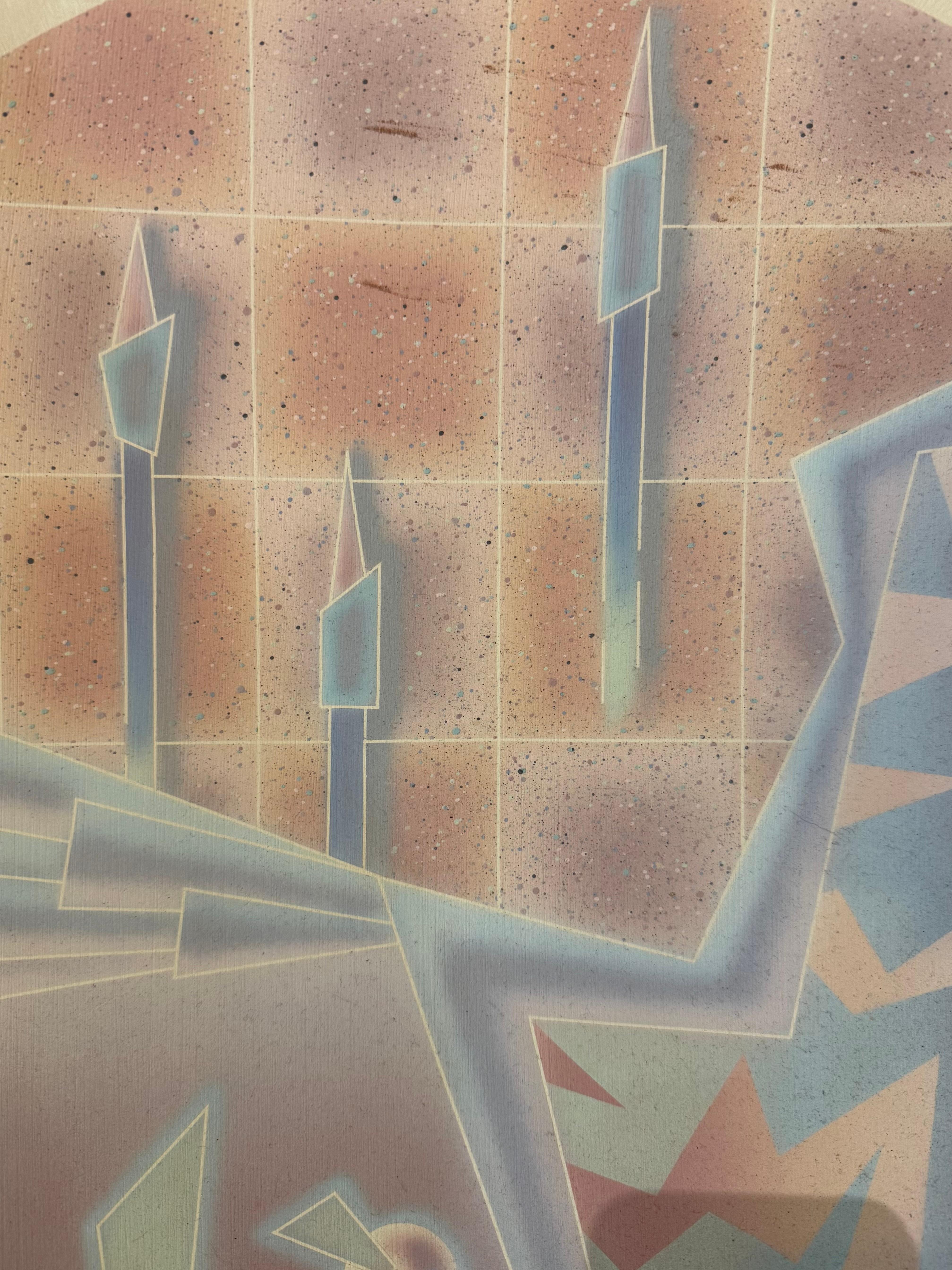 Mit diesem abstrakten Original-Kunstwerk von Maureen Daniel Ellis aus den 1980er Jahren verleihen Sie Ihrem Raum einen Hauch von Retro-Raffinesse. In sanften Pastelltönen gehalten und mit einer kühnen geometrischen Ästhetik versehen, fängt dieses