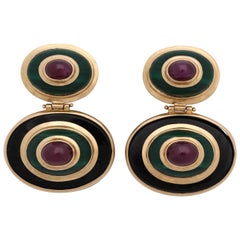 1980s Maz Jewelers Cabochon Ruby, Malachite and Onyx Gold Doorknocker Earrings