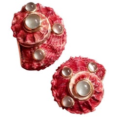 1980s Mazza 14 Karat Gold Shell Aquamarine Cabochon Clip Earrings