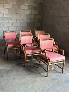 1980er McGuire All Arm Modern Rattan und Leder Esszimmerstühle- Satz von 6