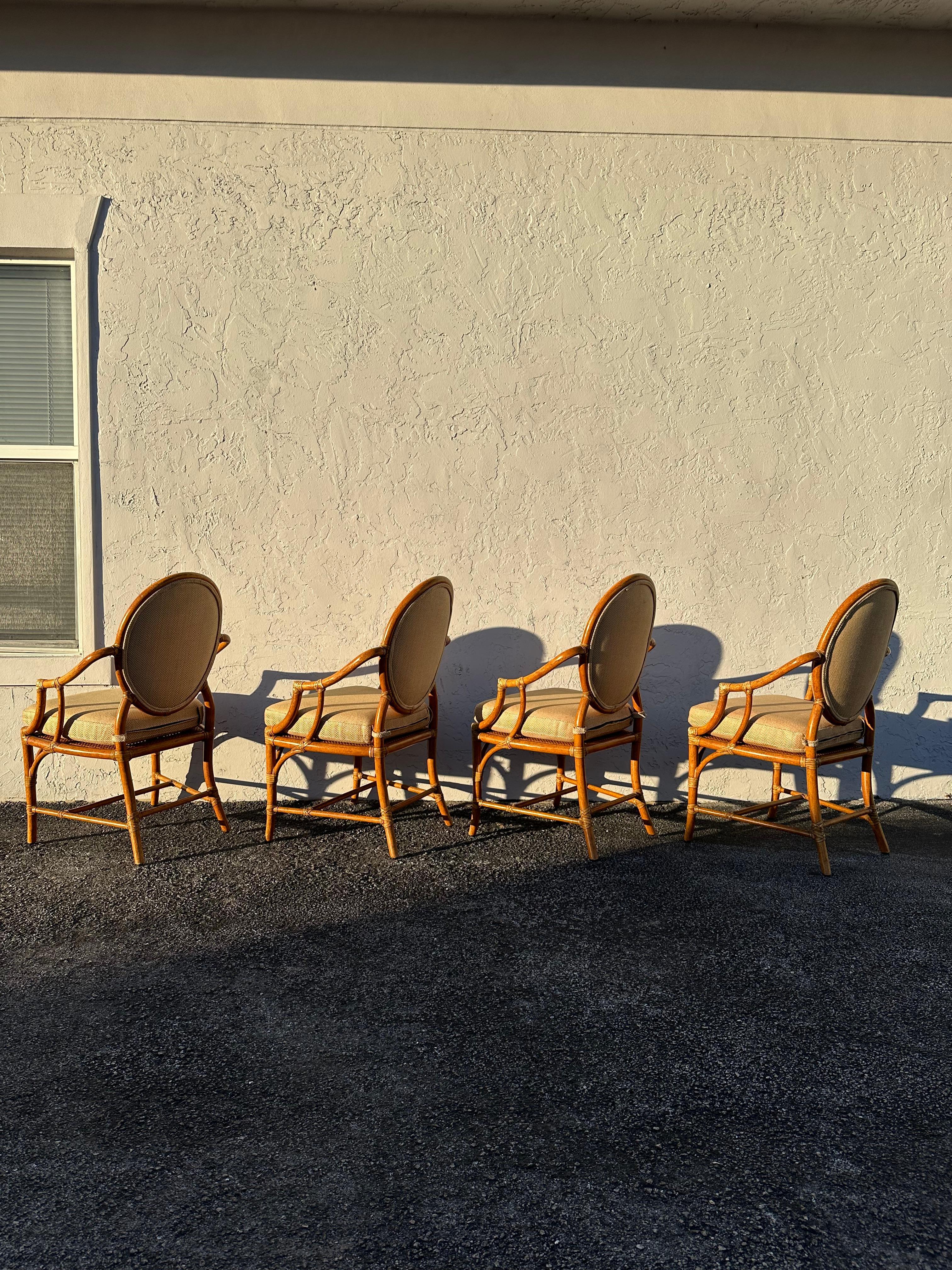 1980s McGuire Beige Gold Herringbone Rattan Chairs, Set of 4 For Sale 4