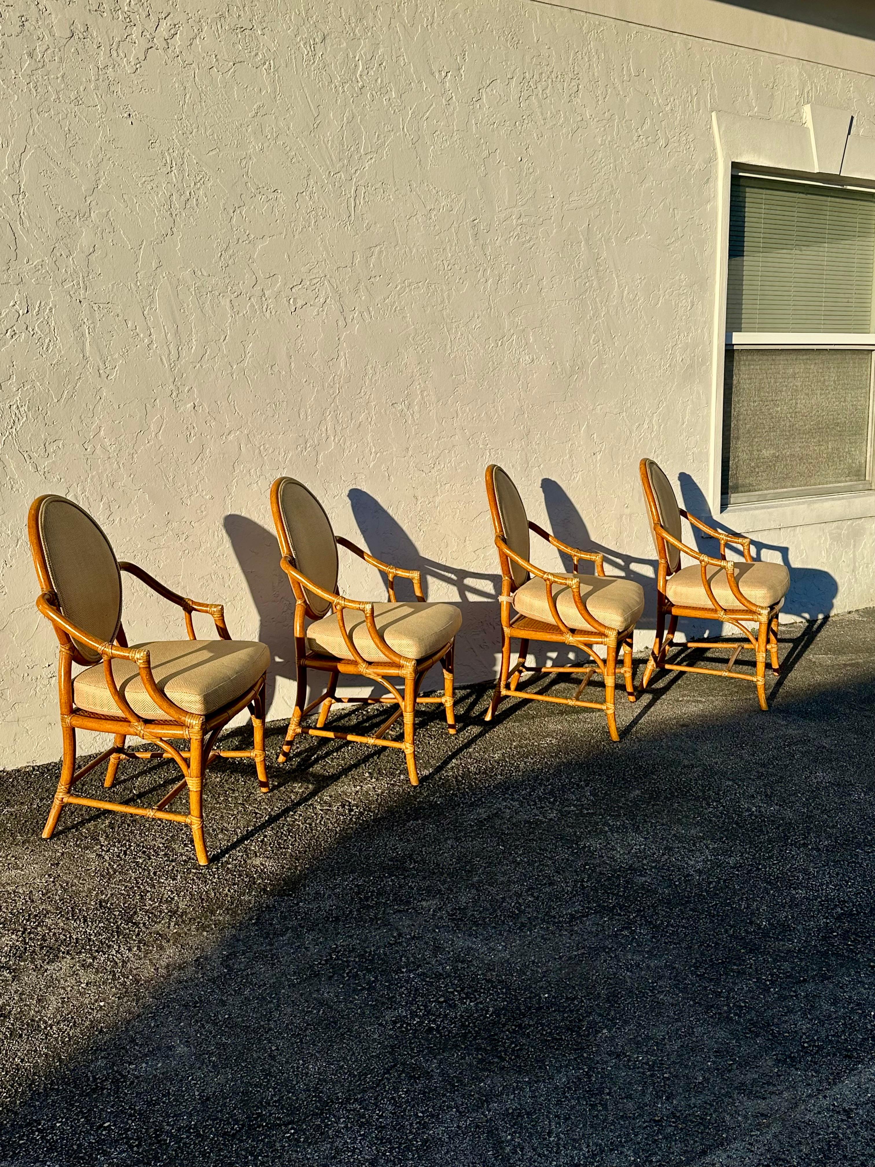 Bohemian 1980s McGuire Beige Gold Herringbone Rattan Chairs, Set of 4 For Sale