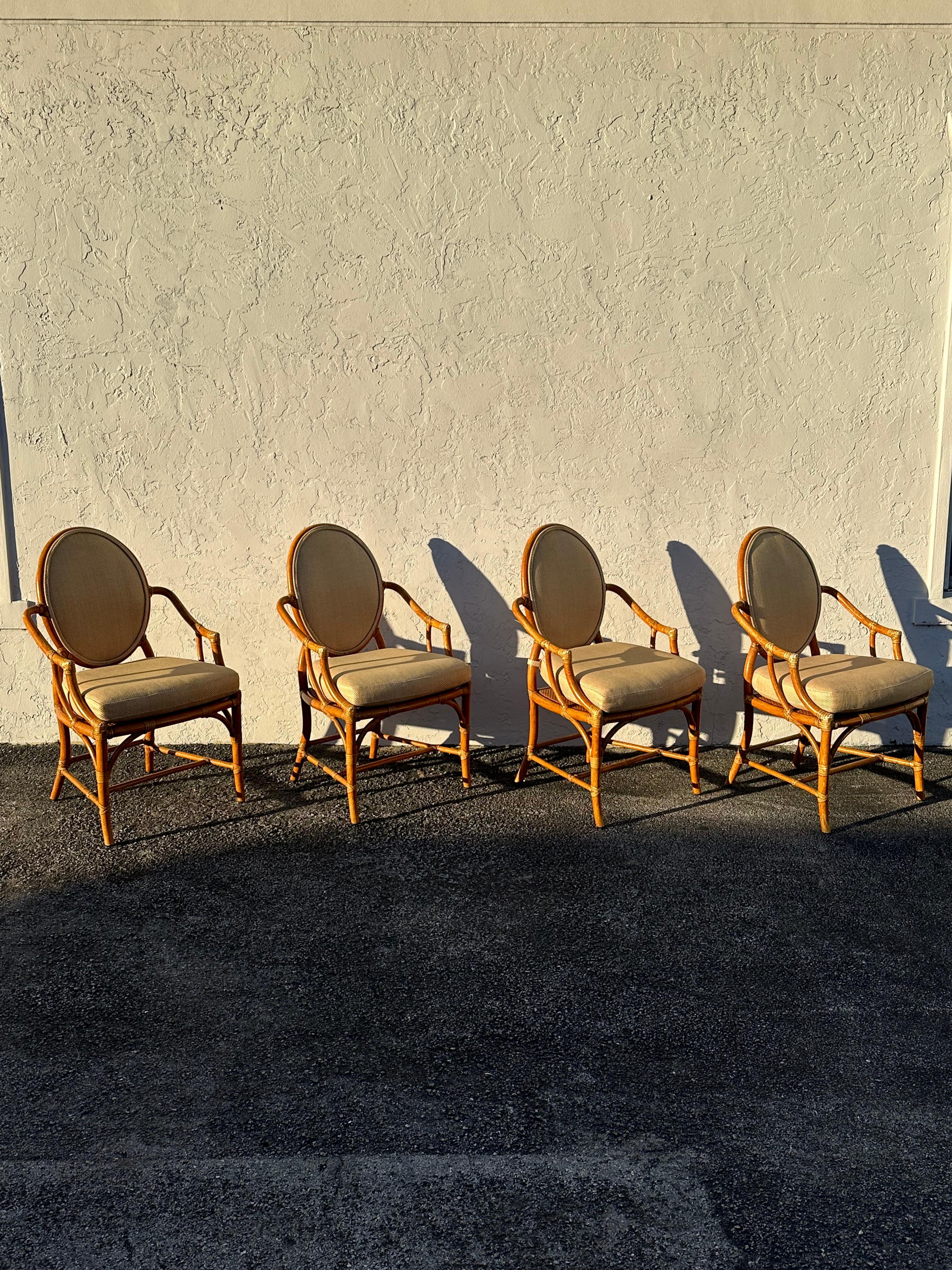 American 1980s McGuire Beige Gold Herringbone Rattan Chairs, Set of 4 For Sale