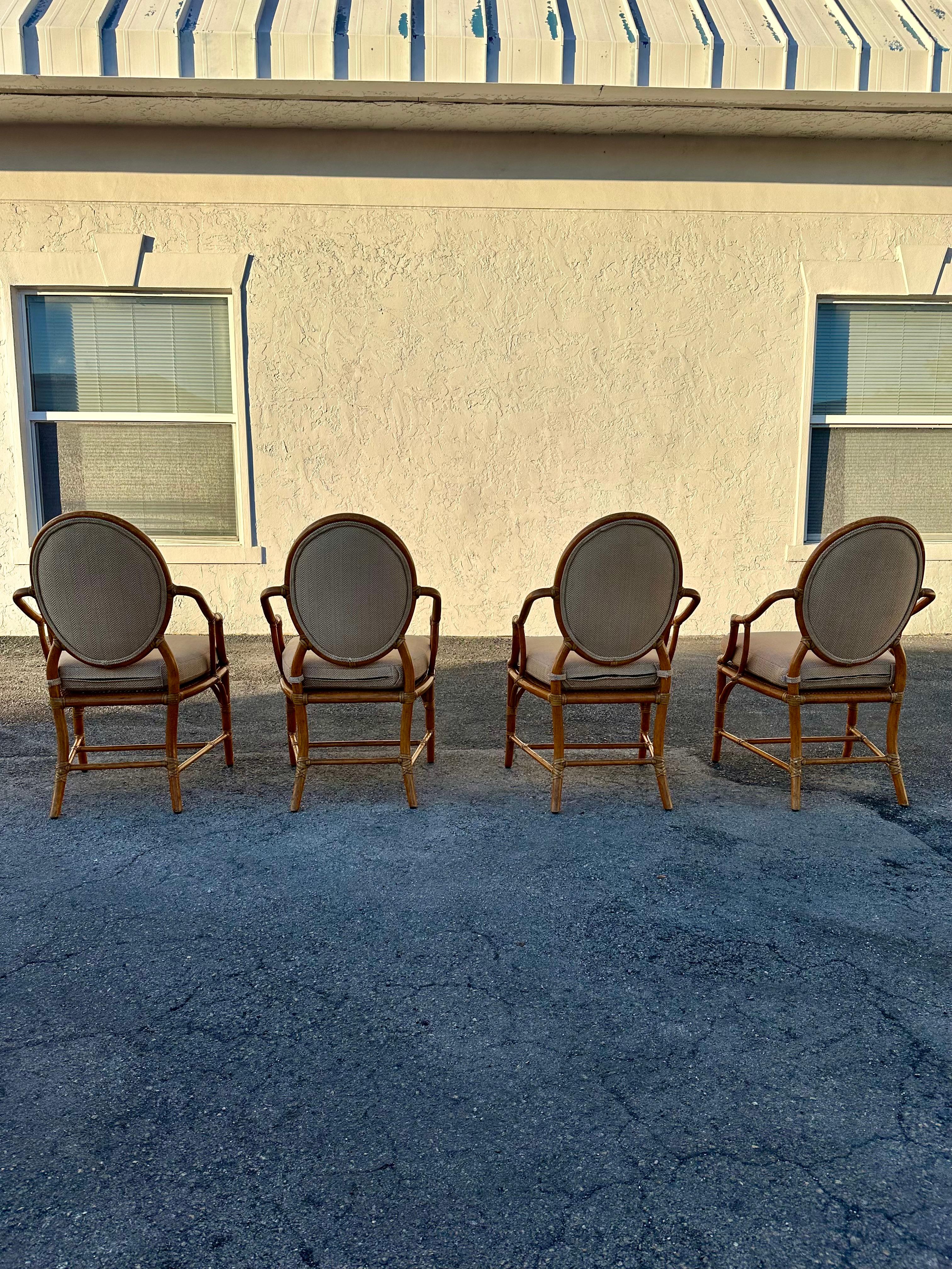 1980s McGuire Beige Gold Herringbone Rattan Chairs, Set of 4 In Good Condition For Sale In Fort Lauderdale, FL