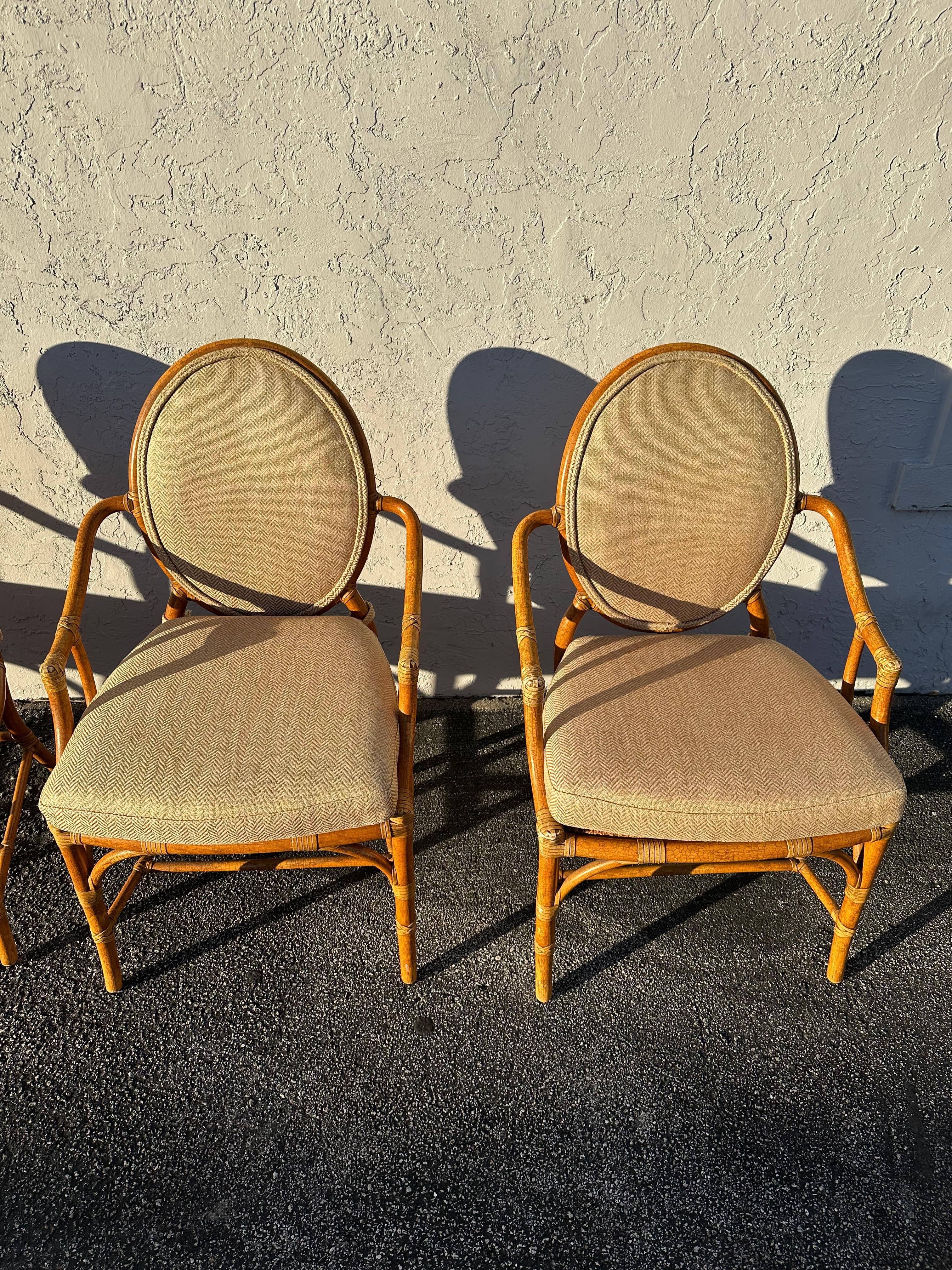 Late 20th Century 1980s McGuire Beige Gold Herringbone Rattan Chairs, Set of 4 For Sale