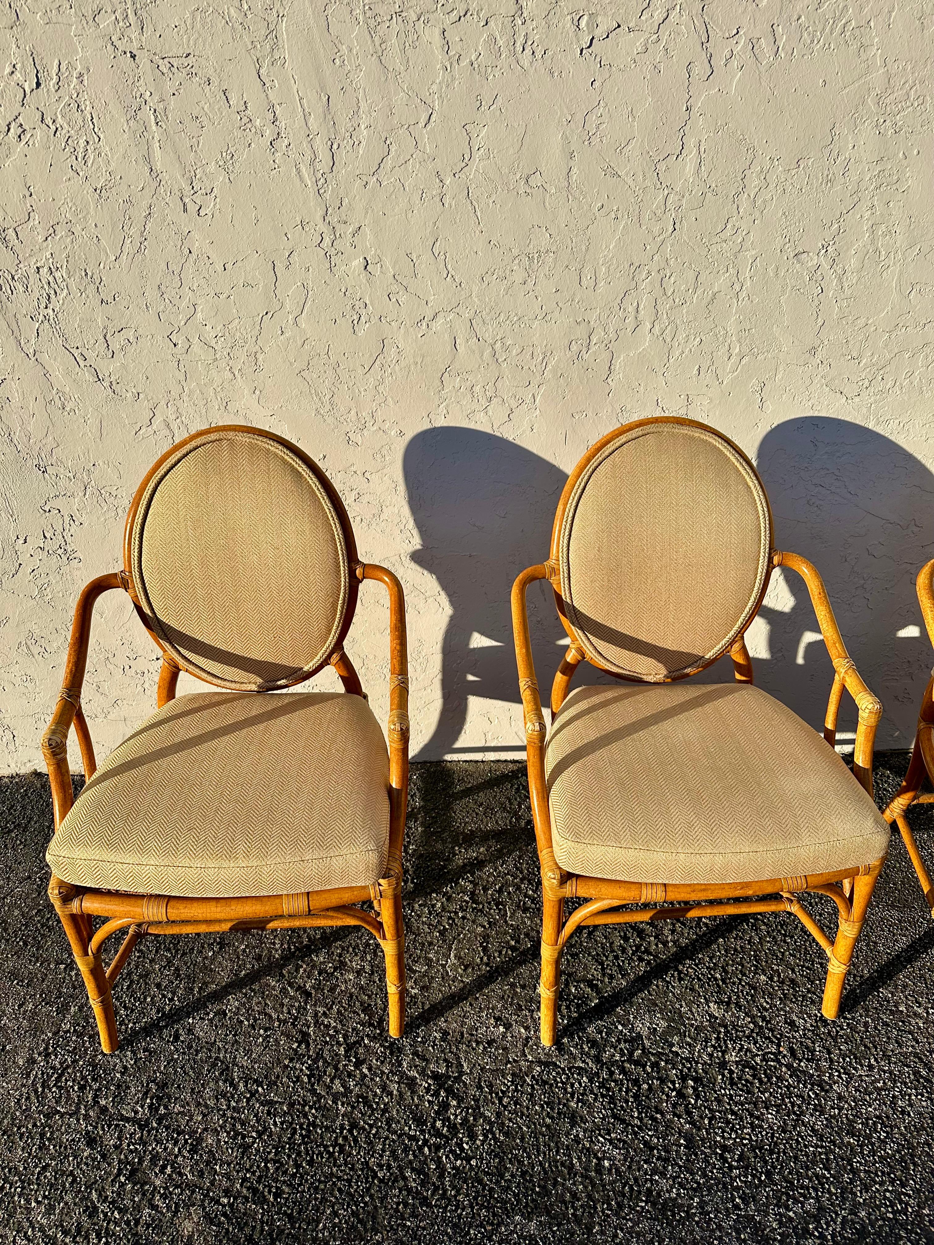 Leather 1980s McGuire Beige Gold Herringbone Rattan Chairs, Set of 4 For Sale