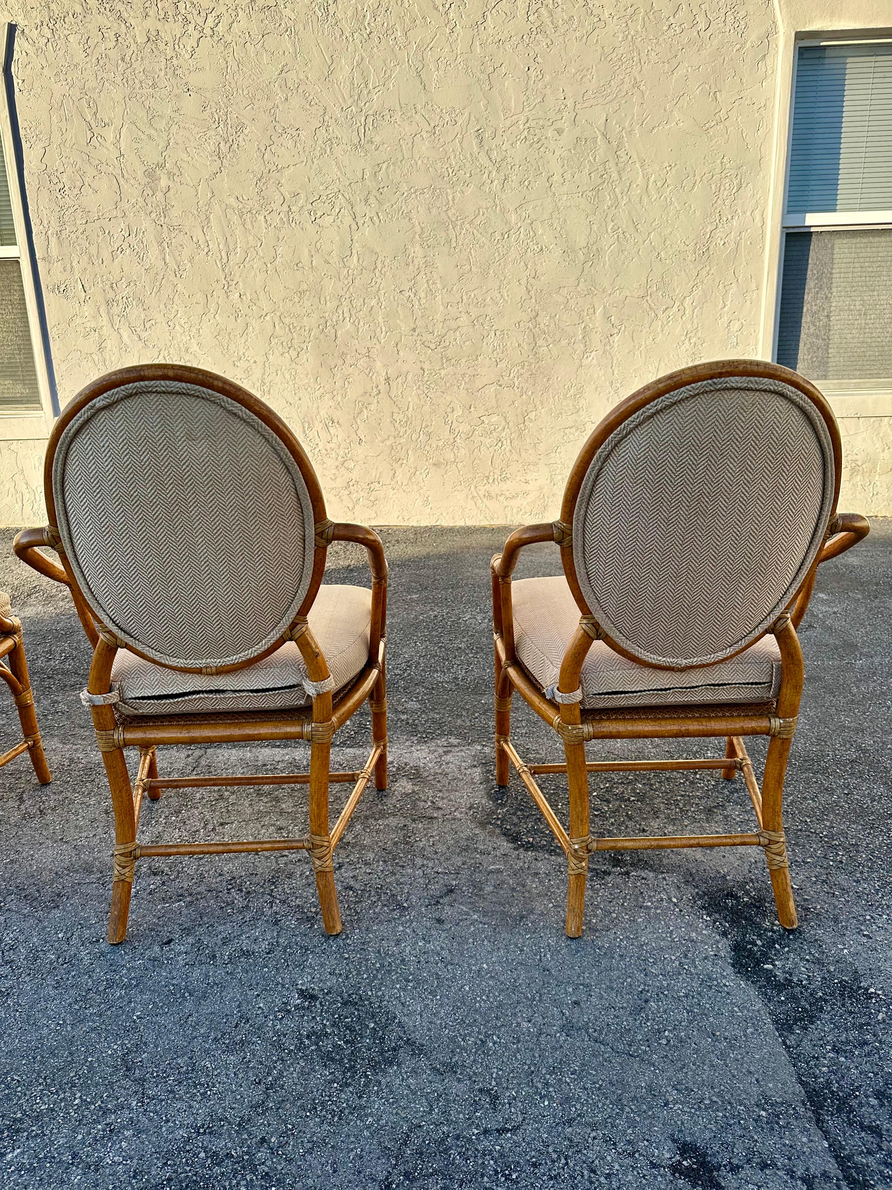 1980s McGuire Beige Gold Herringbone Rattan Chairs, Set of 4 For Sale 1