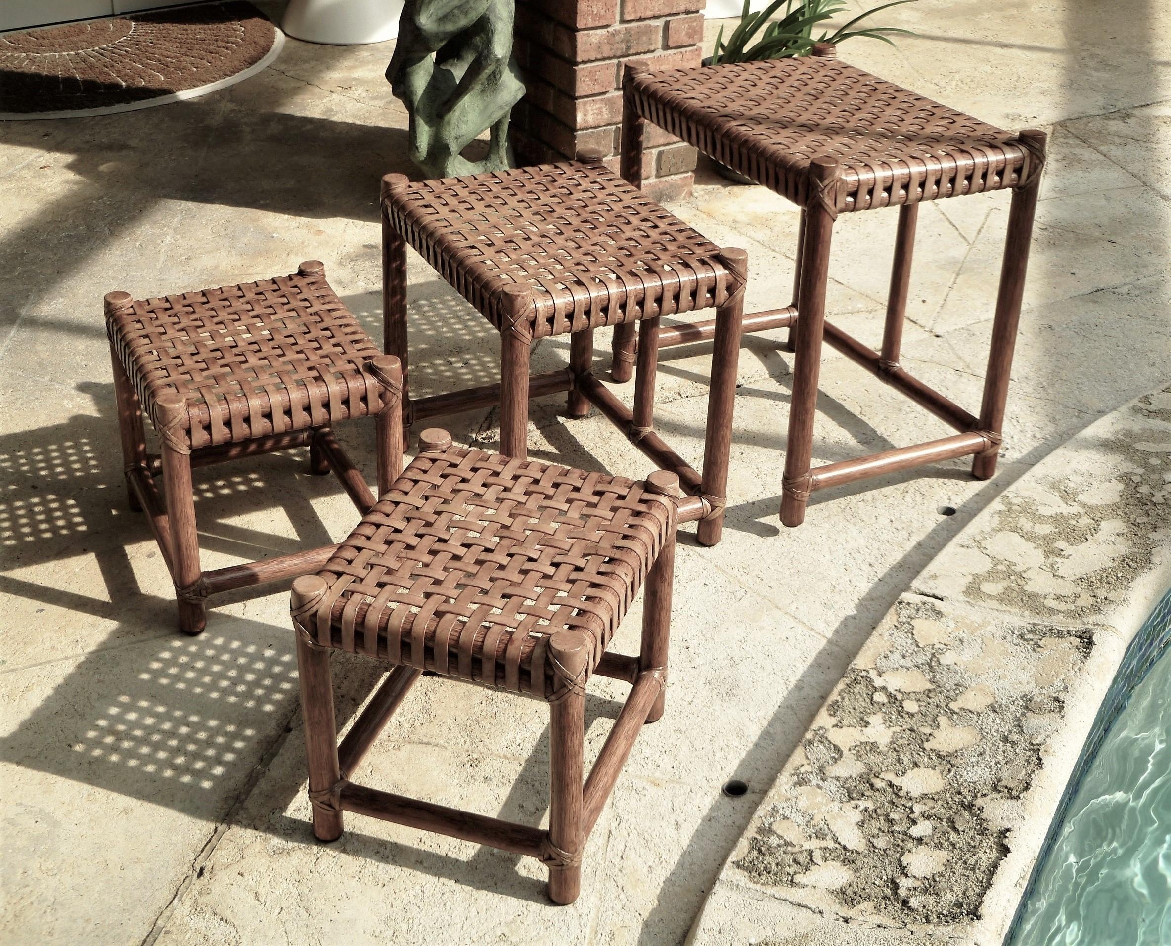 1980s McGuire Modern Rattan and Laced Leather Nesting Tables or Stools Set of 4 6