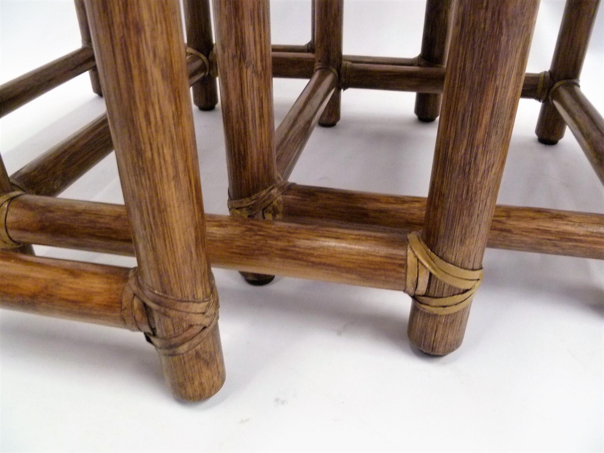 1980s McGuire Modern Rattan and Laced Leather Nesting Tables or Stools Set of 4 8