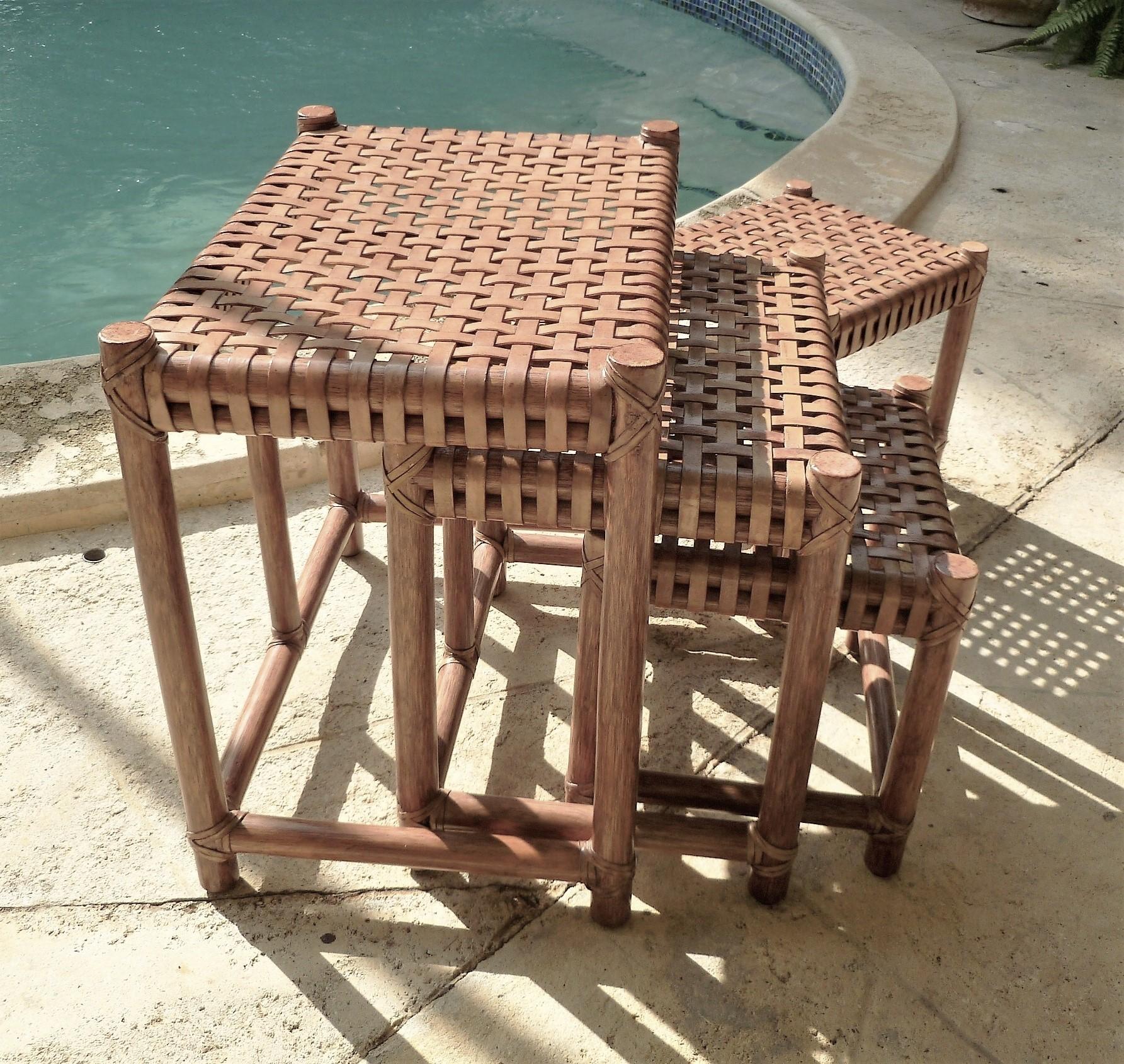 1980s McGuire Modern Rattan and Laced Leather Nesting Tables or Stools Set of 4 12
