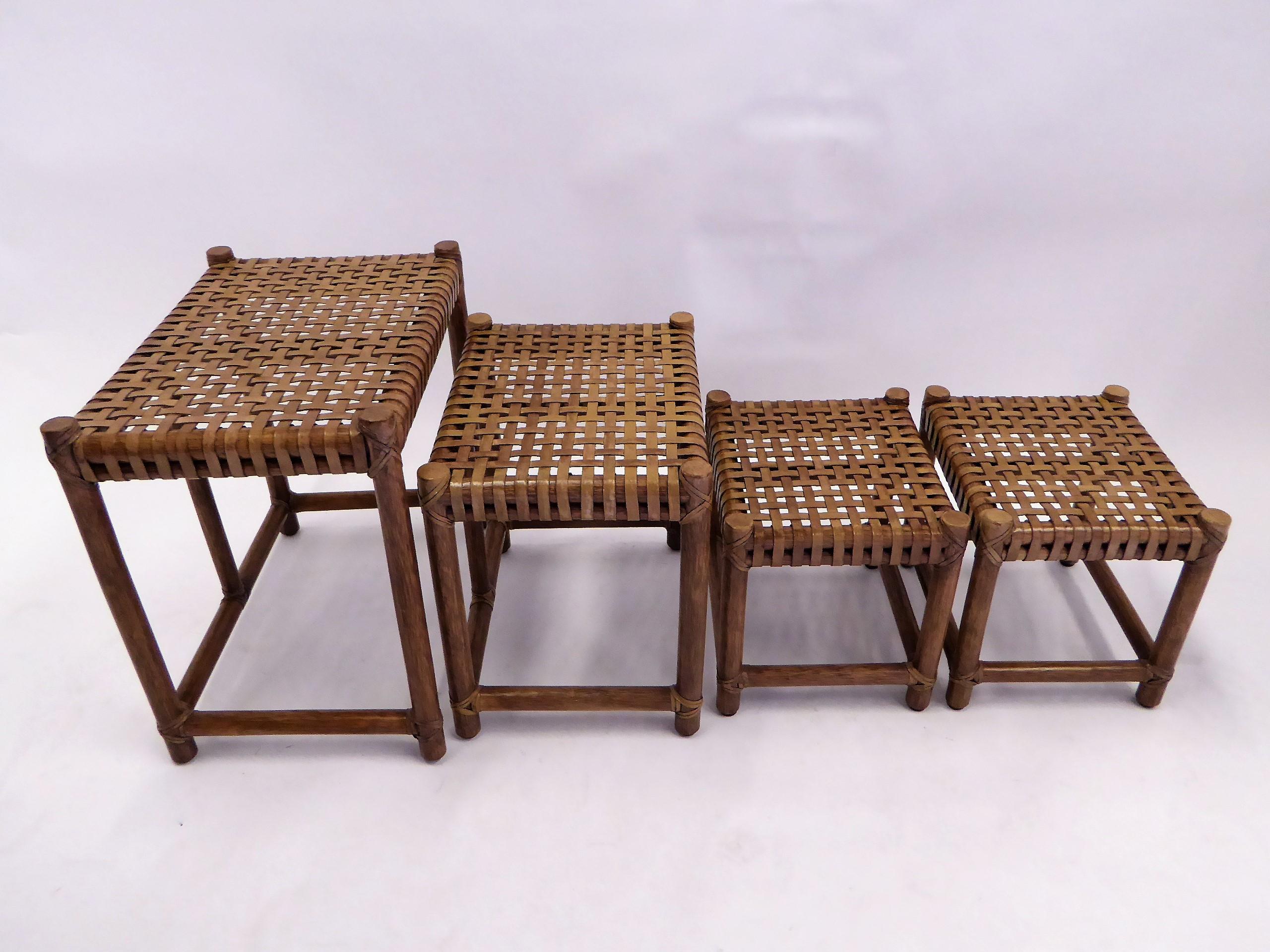 Hand-Woven 1980s McGuire Modern Rattan and Laced Leather Nesting Tables or Stools Set of 4