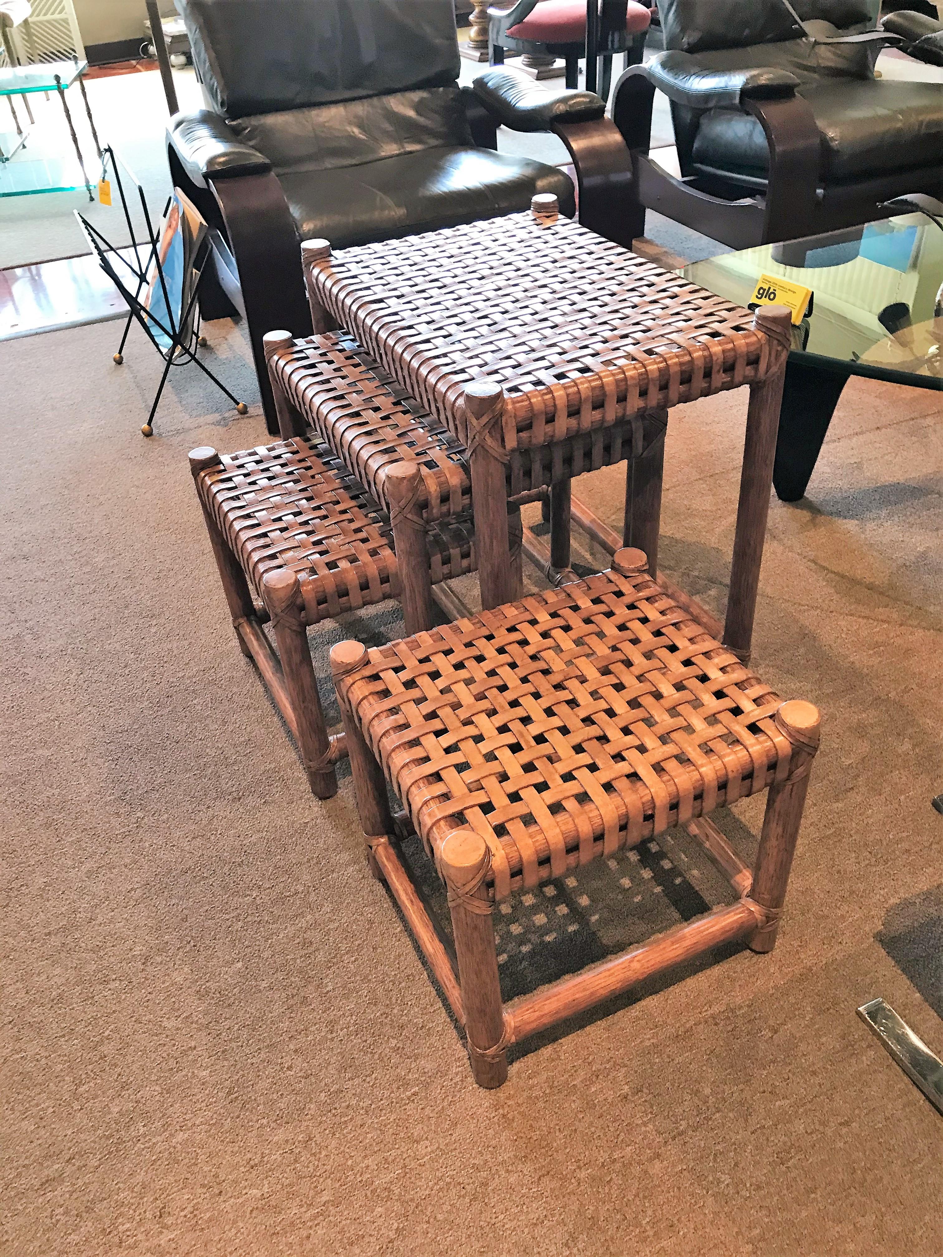 1980s McGuire Modern Rattan and Laced Leather Nesting Tables or Stools Set of 4 In Good Condition In Miami, FL