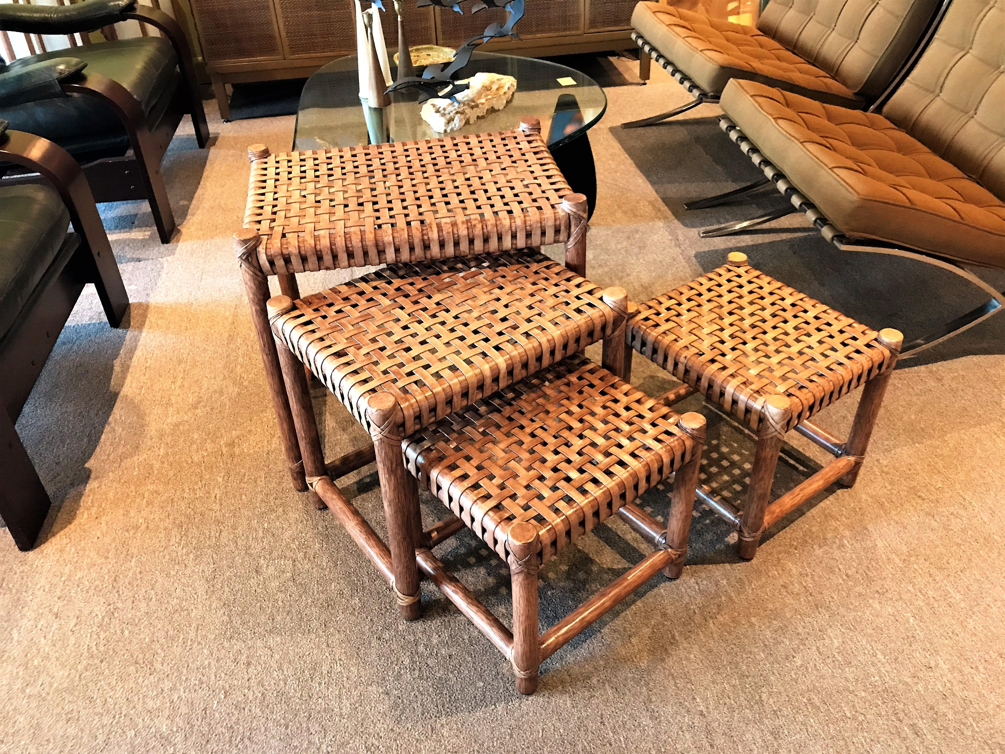 Late 20th Century 1980s McGuire Modern Rattan and Laced Leather Nesting Tables or Stools Set of 4