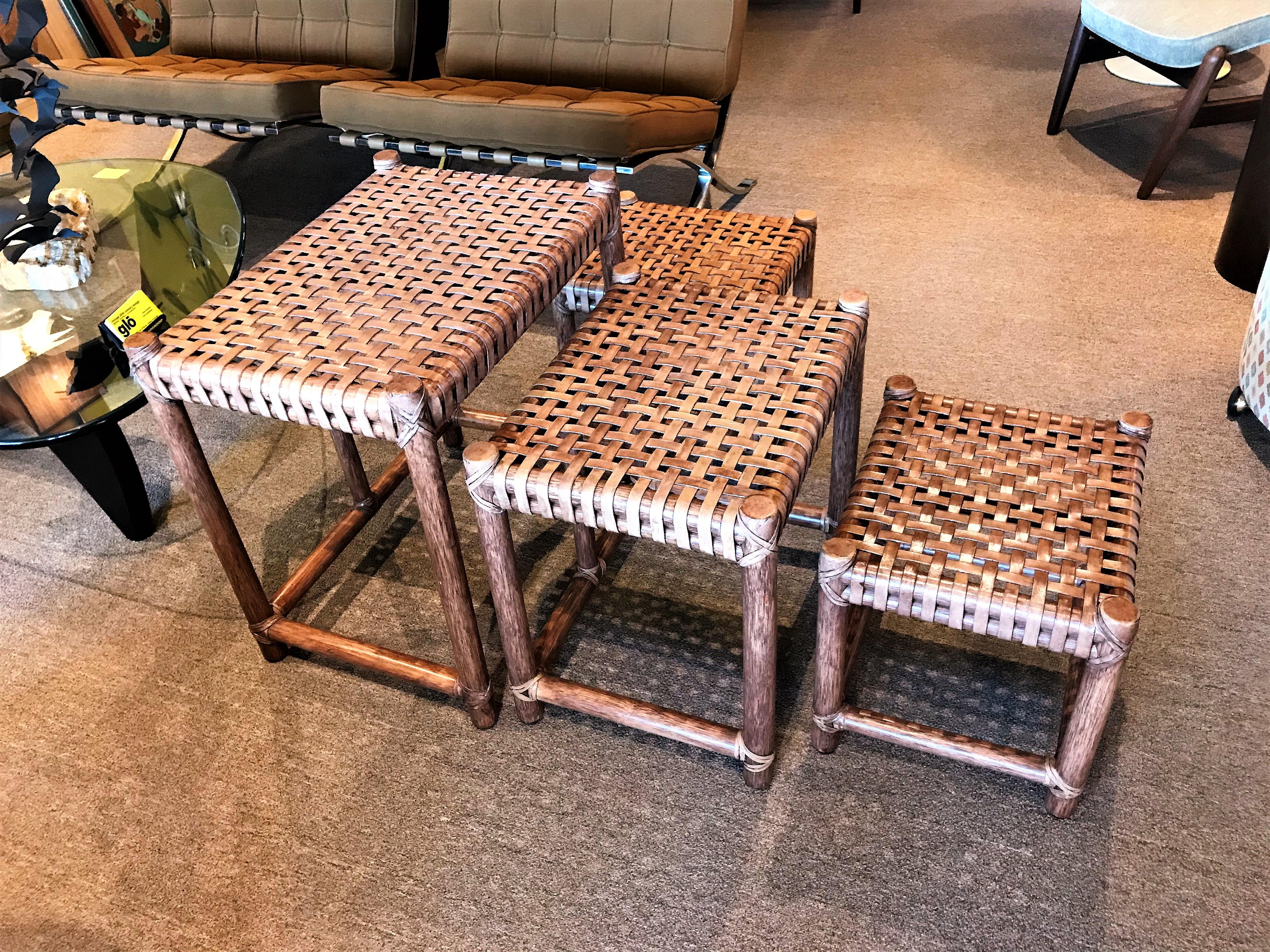 1980s McGuire Modern Rattan and Laced Leather Nesting Tables or Stools Set of 4 1
