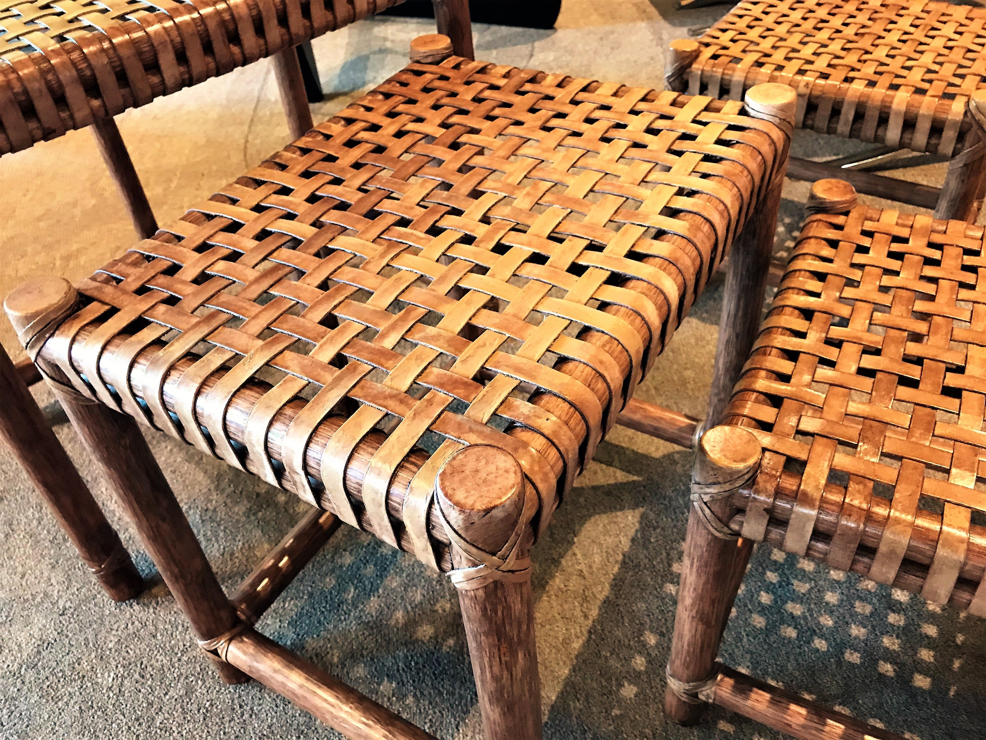 1980s McGuire Modern Rattan and Laced Leather Nesting Tables or Stools Set of 4 2