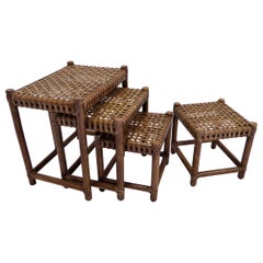 Retro 1980s McGuire Modern Rattan and Laced Leather Nesting Tables or Stools Set of 4