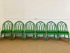 1980s McGuire Rare Green Rattan Cathedral Back Dining Chairs – Set of Six