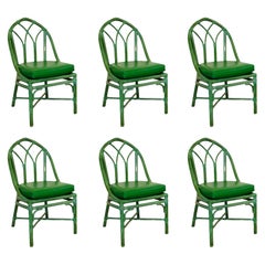 1980 McGuire Rare Green Rattan Cathedral Back Dining Chairs - Set of Six