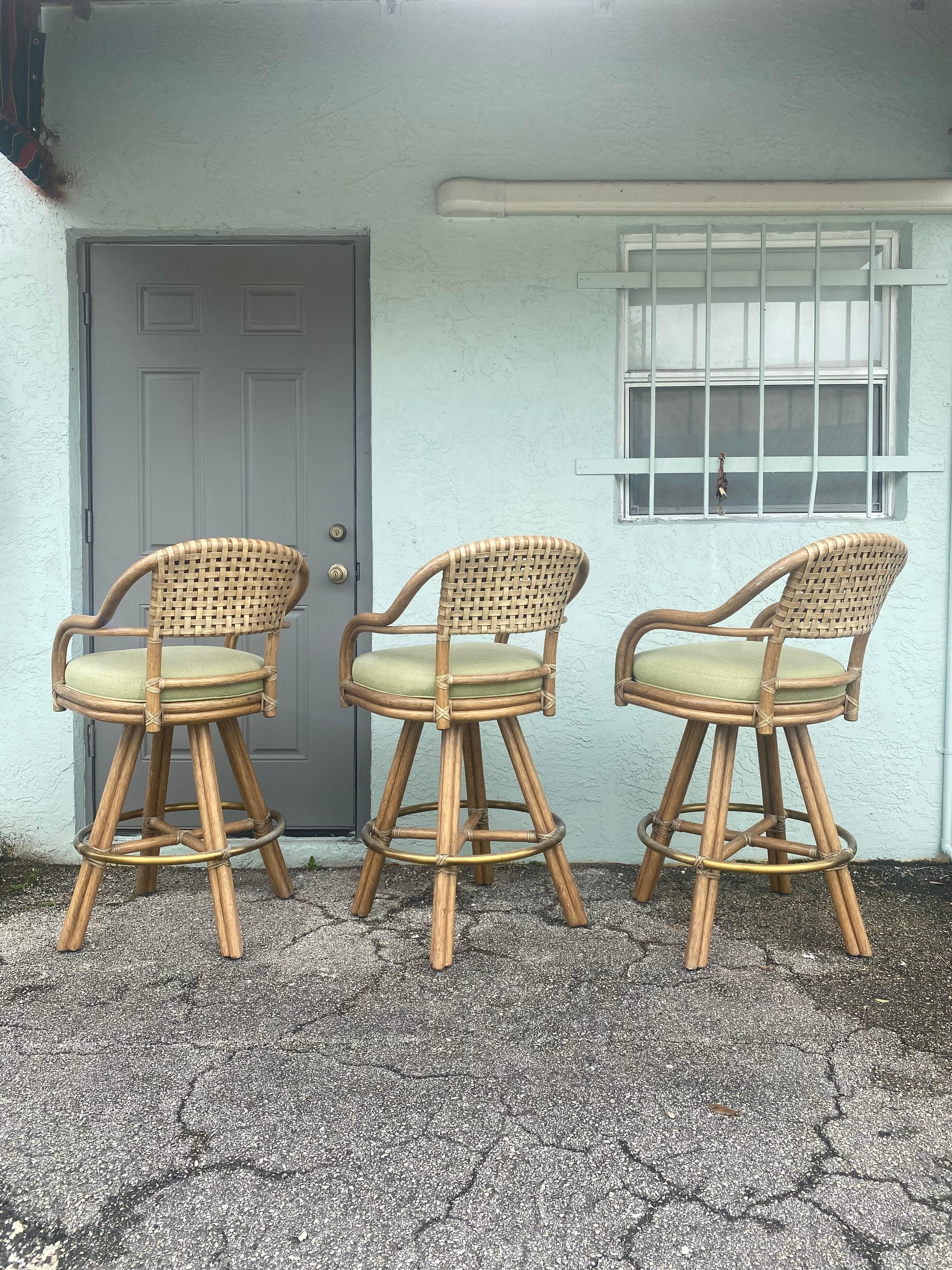 Bohemian 1980s McGuire Swivel Rattan and Leather Bar Stools, Set of 3 For Sale