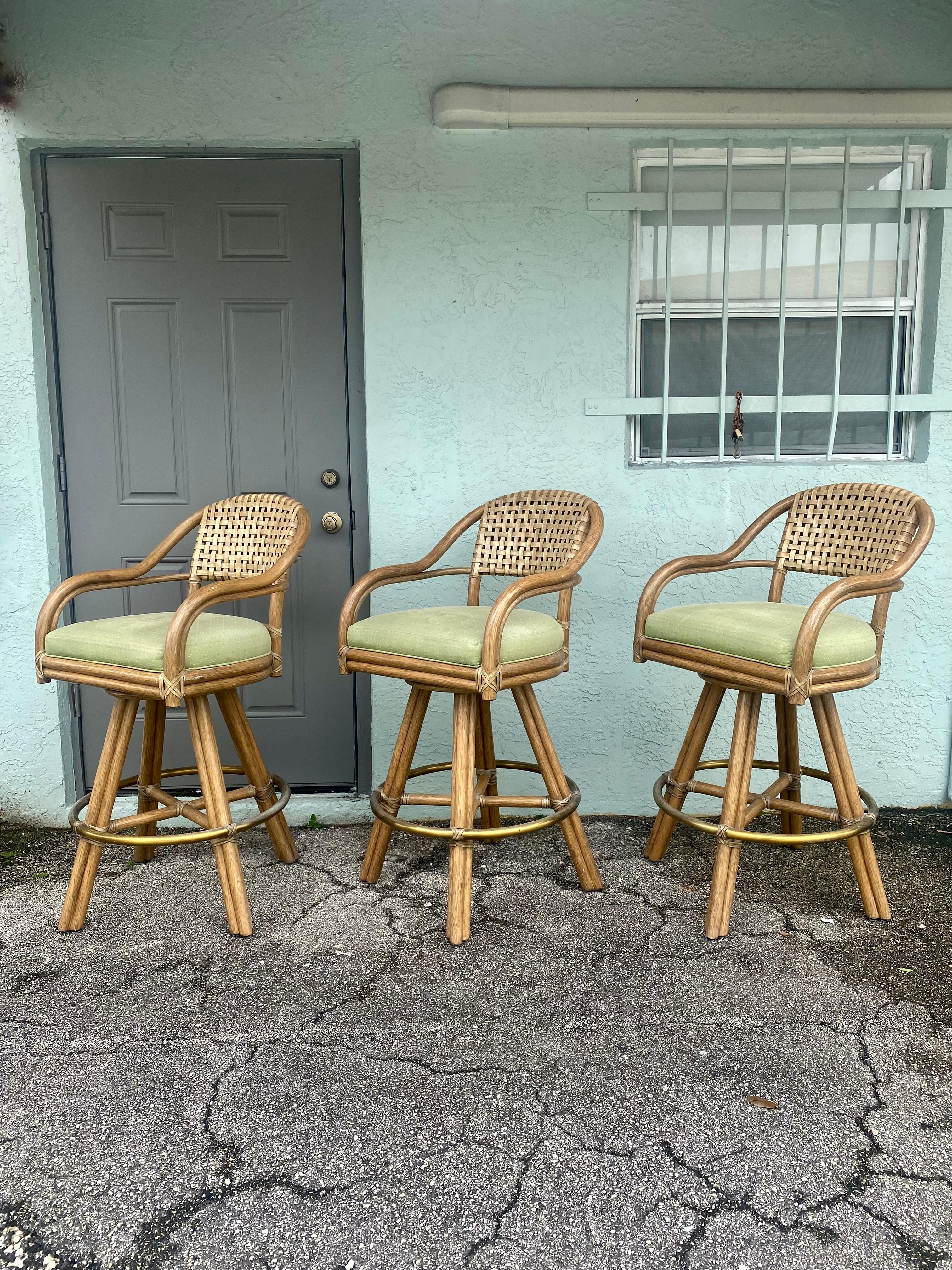 American 1980s McGuire Swivel Rattan and Leather Bar Stools, Set of 3 For Sale