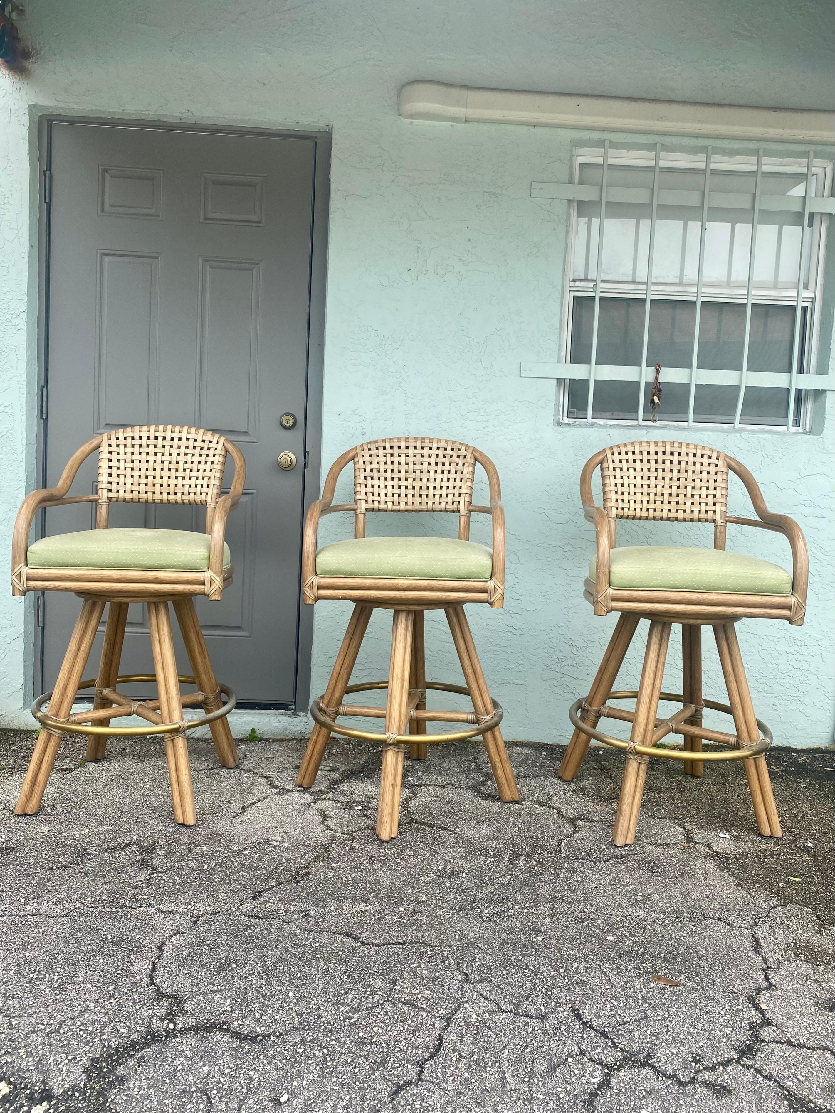 Late 20th Century 1980s McGuire Swivel Rattan and Leather Bar Stools, Set of 3 For Sale