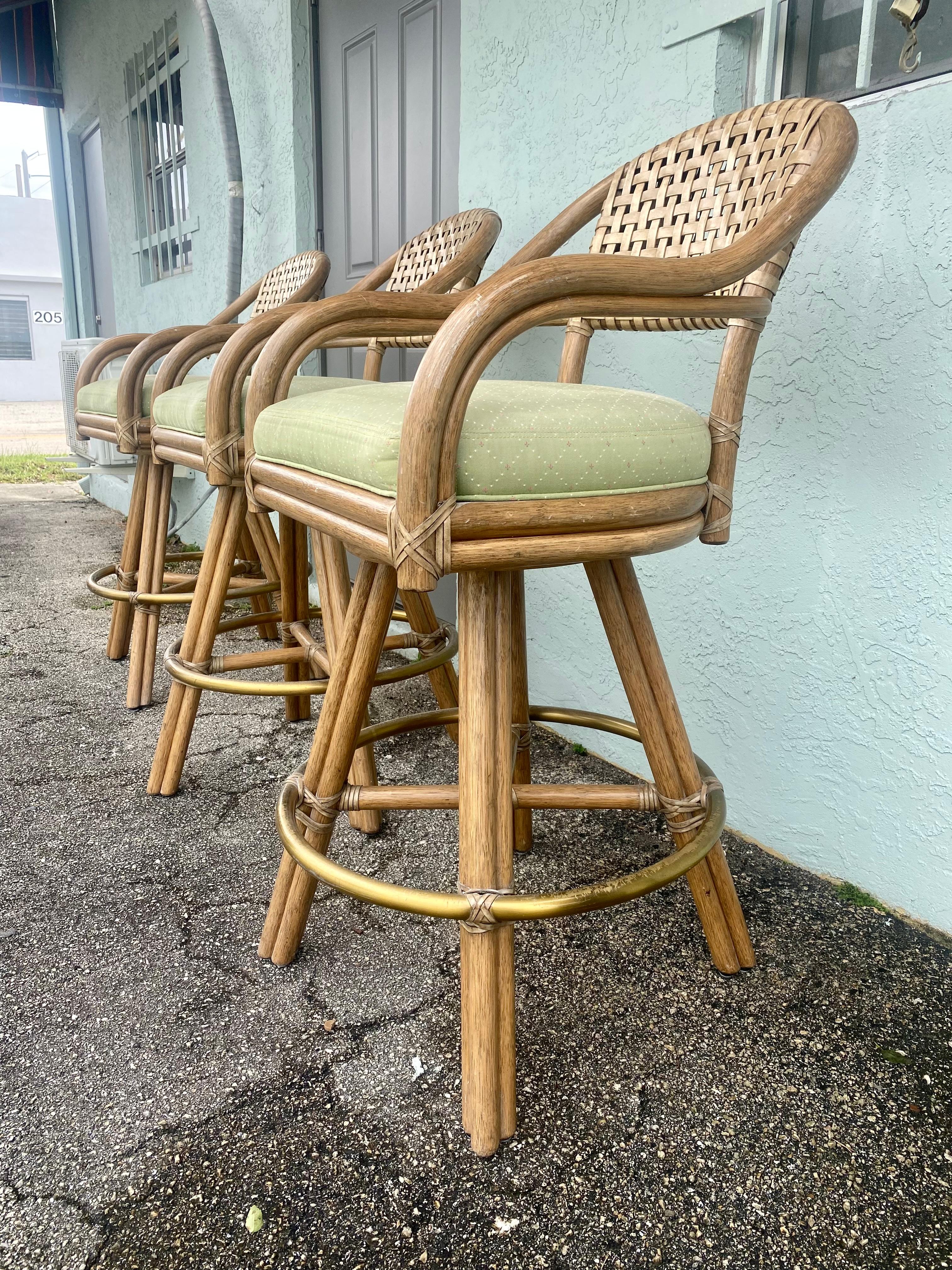 Brass 1980s McGuire Swivel Rattan and Leather Bar Stools, Set of 3 For Sale