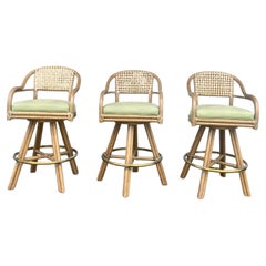 Retro 1980s McGuire Swivel Rattan and Leather Bar Stools, Set of 3