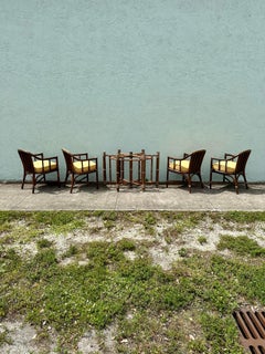 1980s McGuire Rattan Barrel Cane Back Dining Chairs and Table, Set of 5