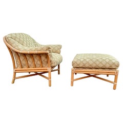 Chaise ottomane McGuire en rotin vert et beige des années 1980, lot de 2
