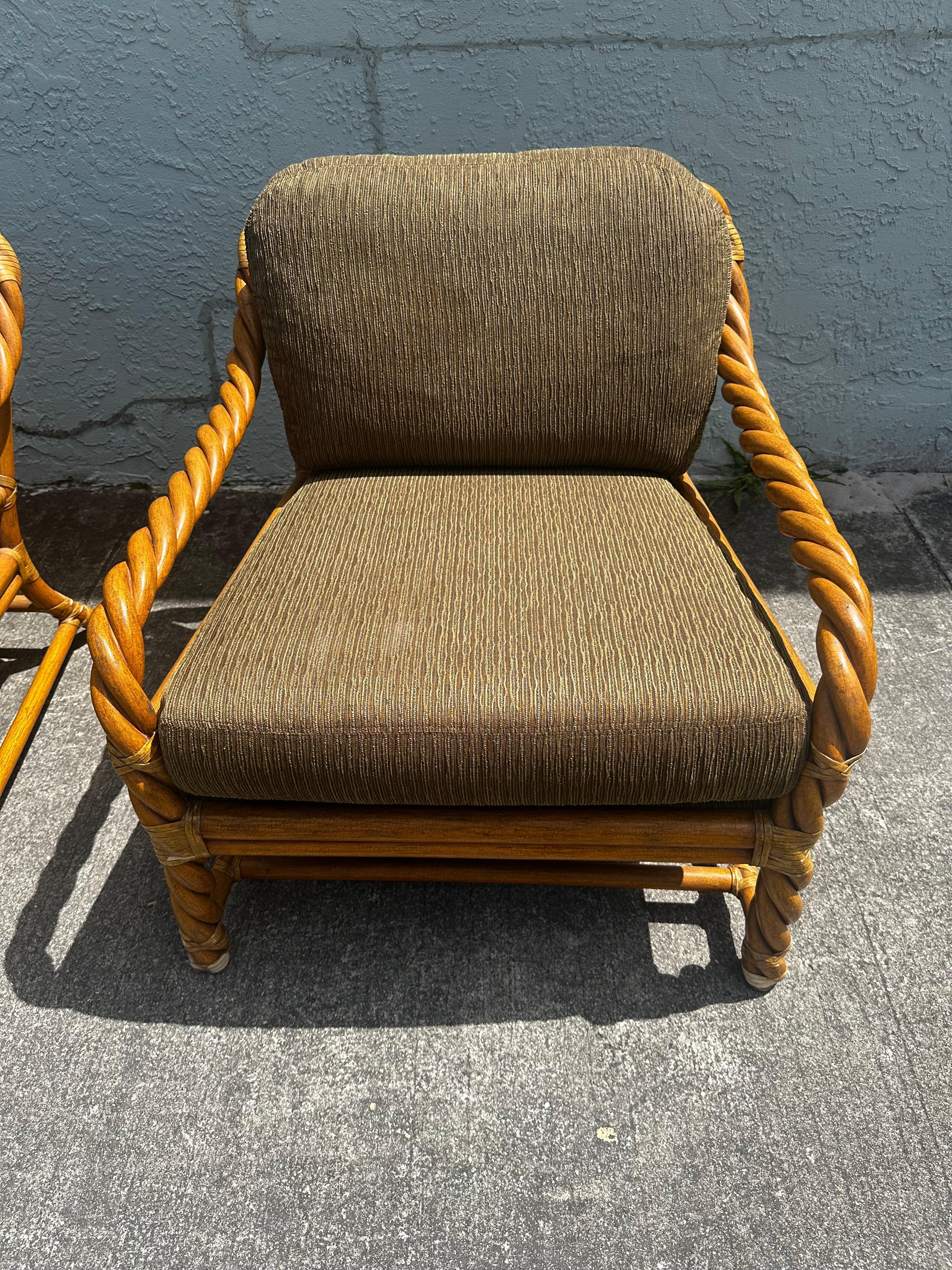 1980s McGuire Rattan Green Beige Chairs and Ottoman, Set of 3 For Sale 3