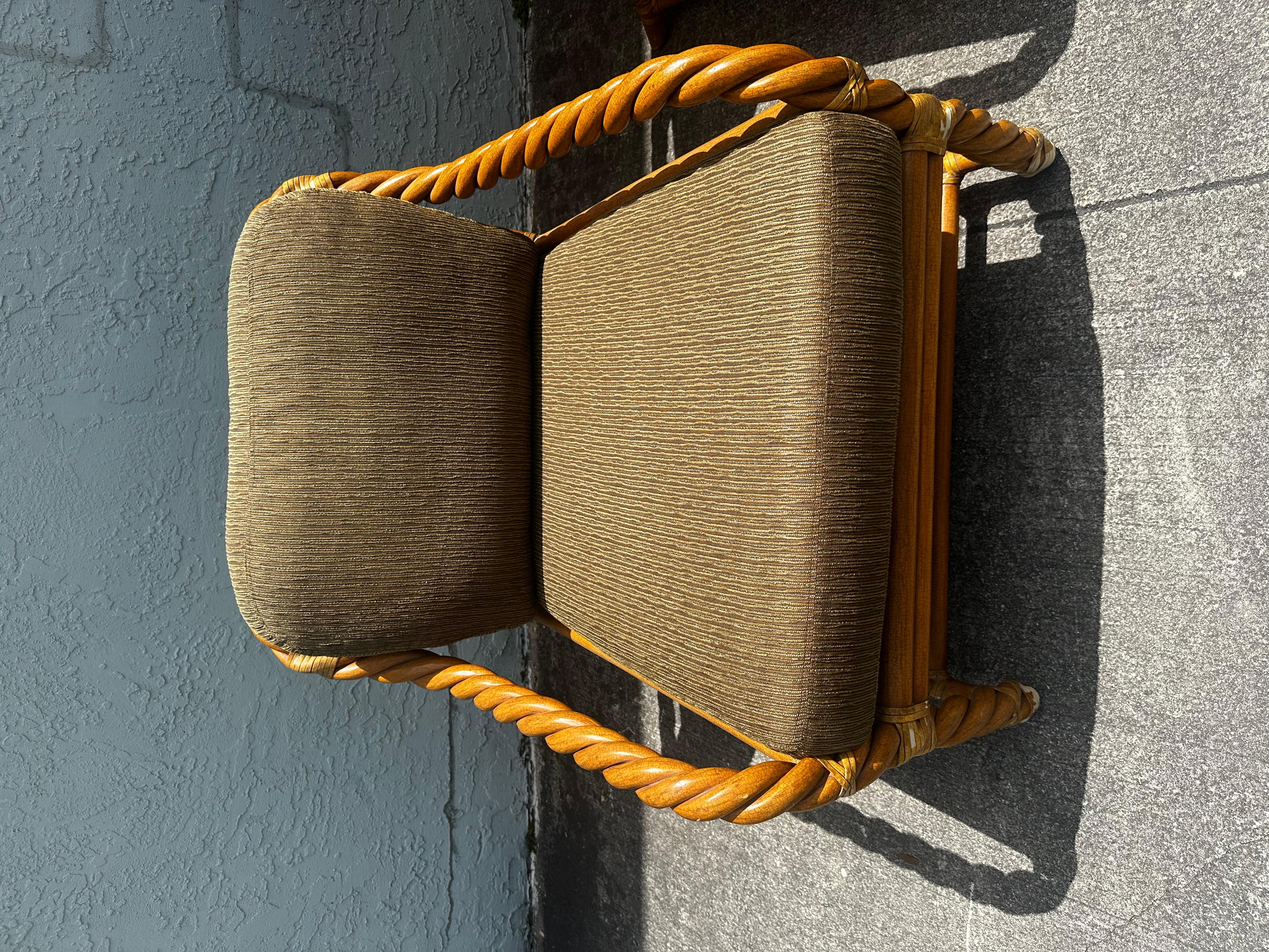 1980s McGuire Rattan Green Beige Chairs and Ottoman, Set of 3 For Sale 4