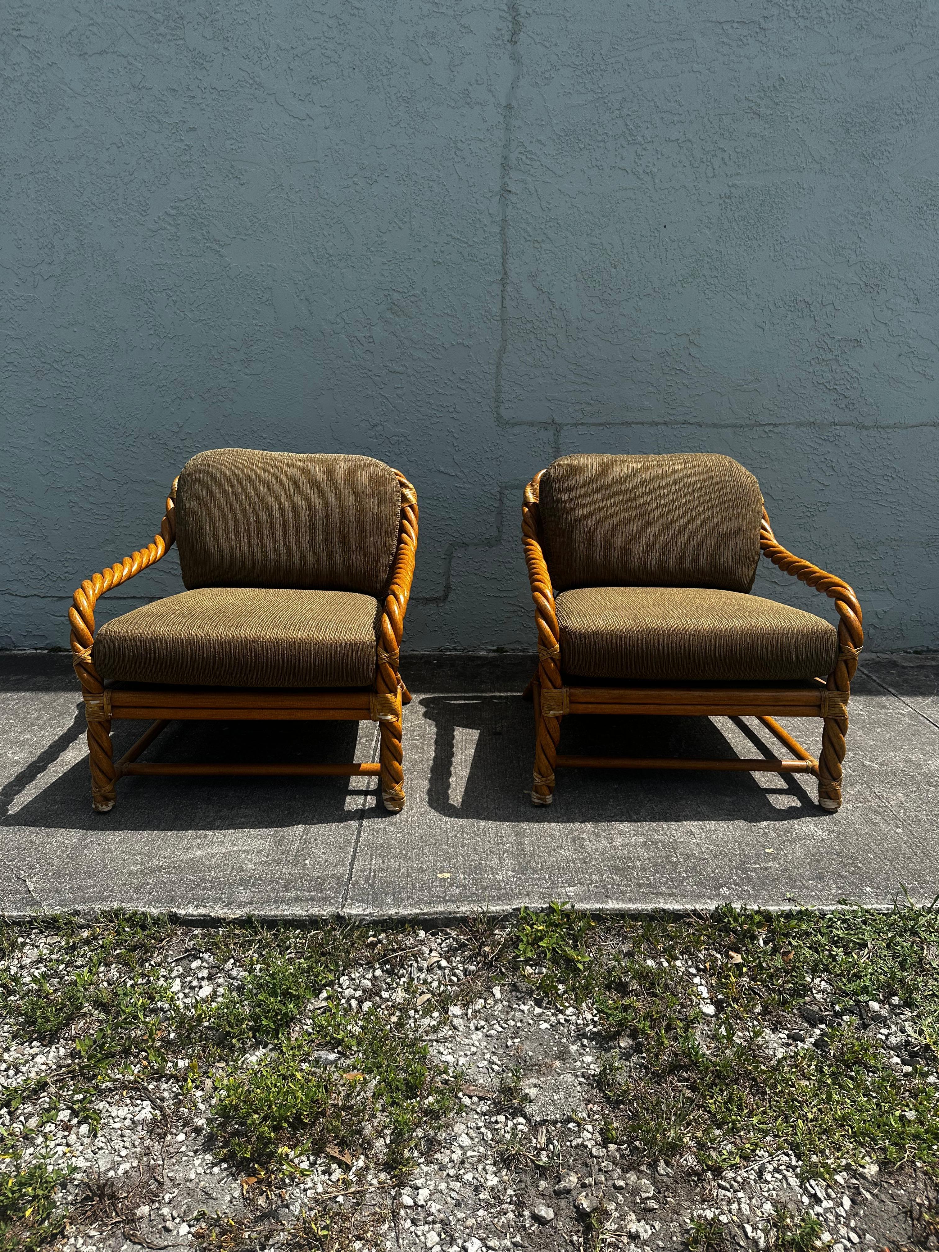 1980s McGuire Rattan Green Beige Chairs and Ottoman, Set of 3 For Sale 5