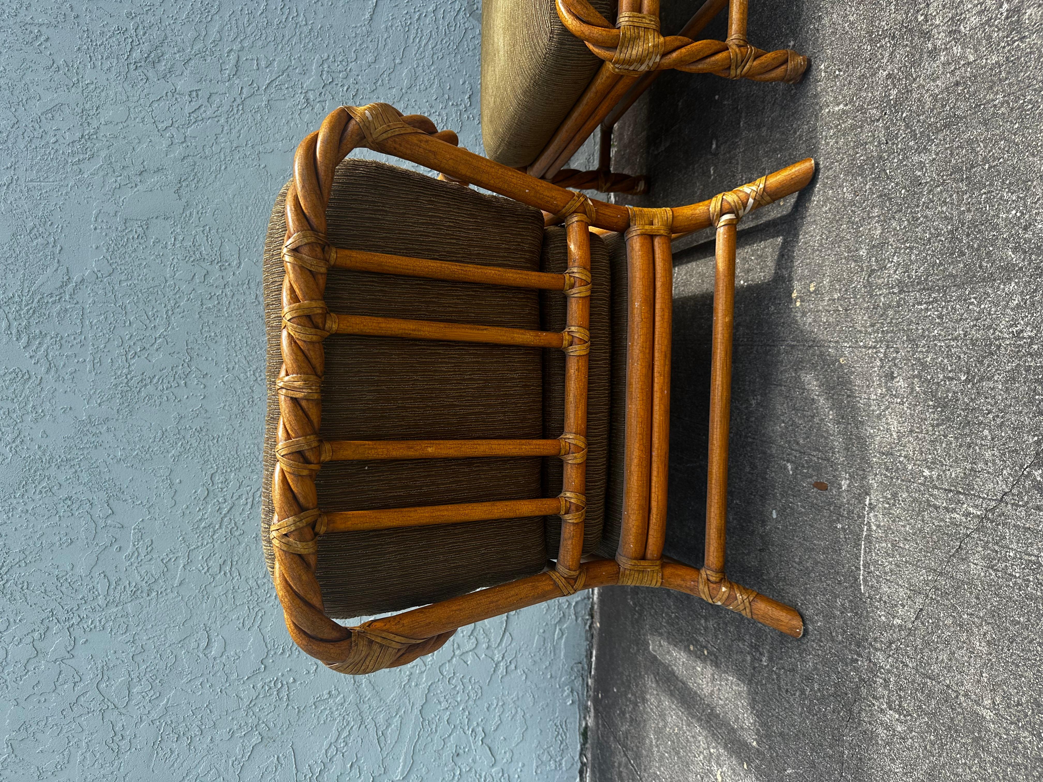 1980s McGuire Rattan Green Beige Chairs and Ottoman, Set of 3 For Sale 6