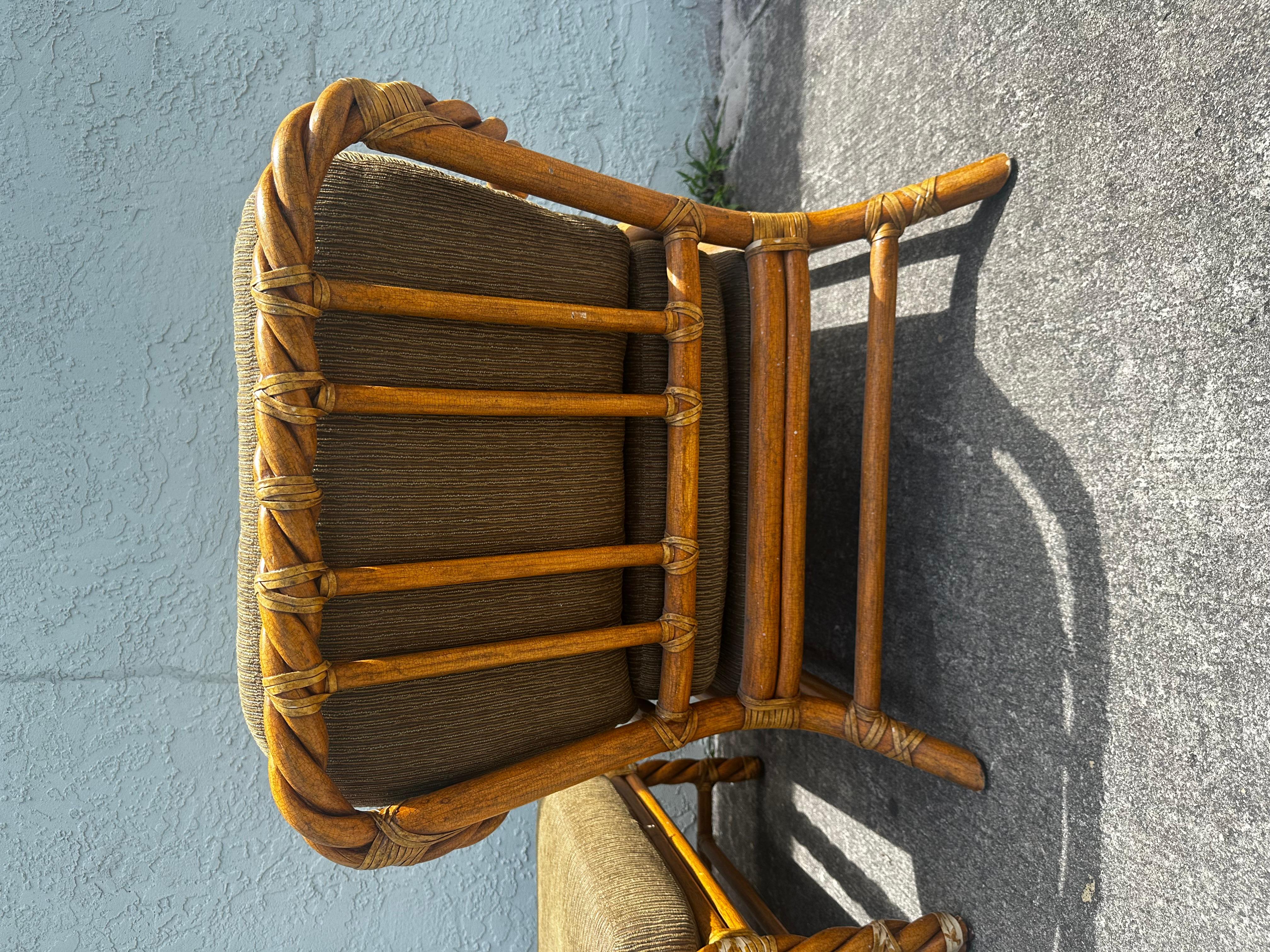 1980s McGuire Rattan Green Beige Chairs and Ottoman, Set of 3 For Sale 7