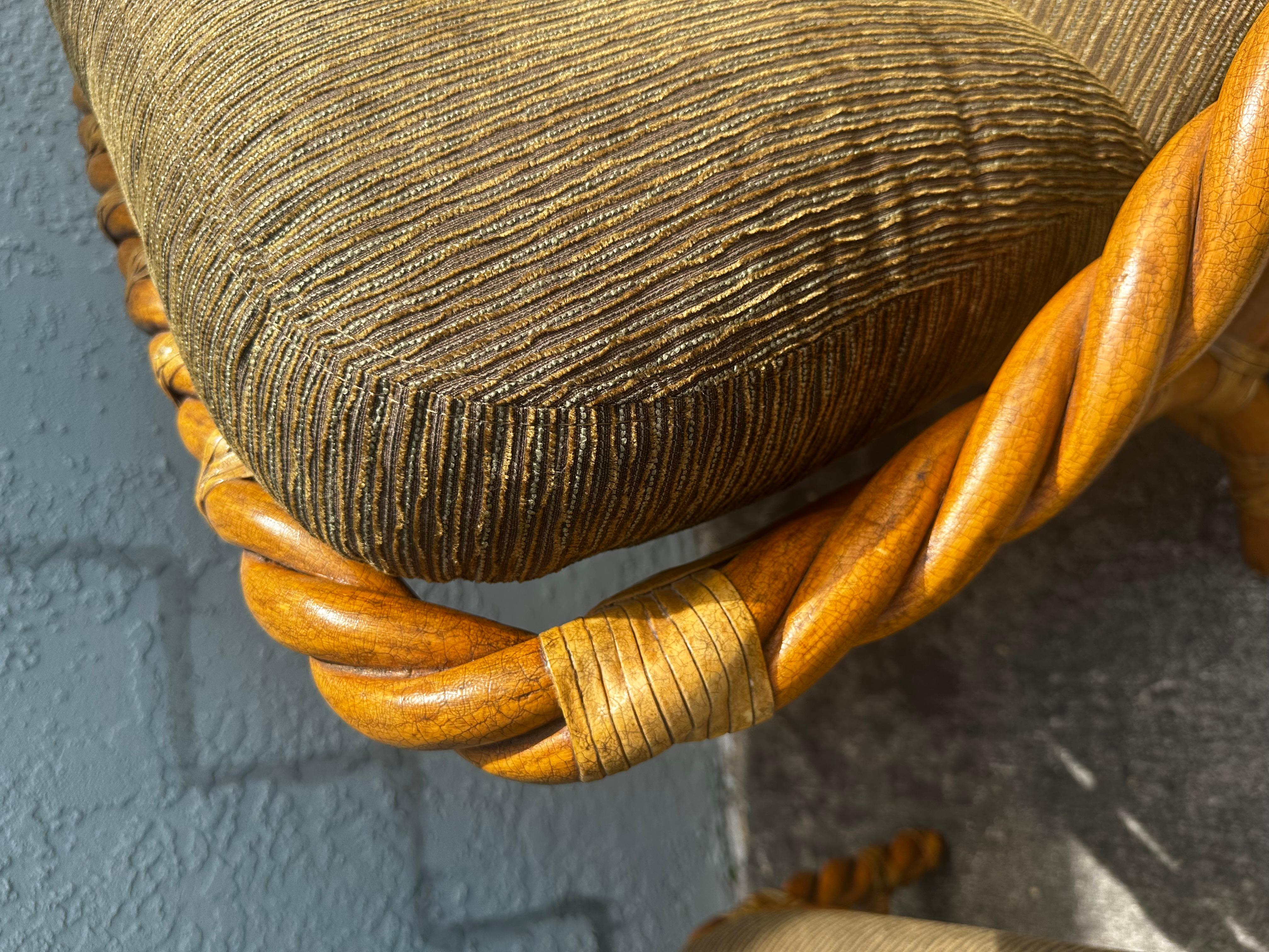 1980s McGuire Rattan Green Beige Chairs and Ottoman, Set of 3 For Sale 9