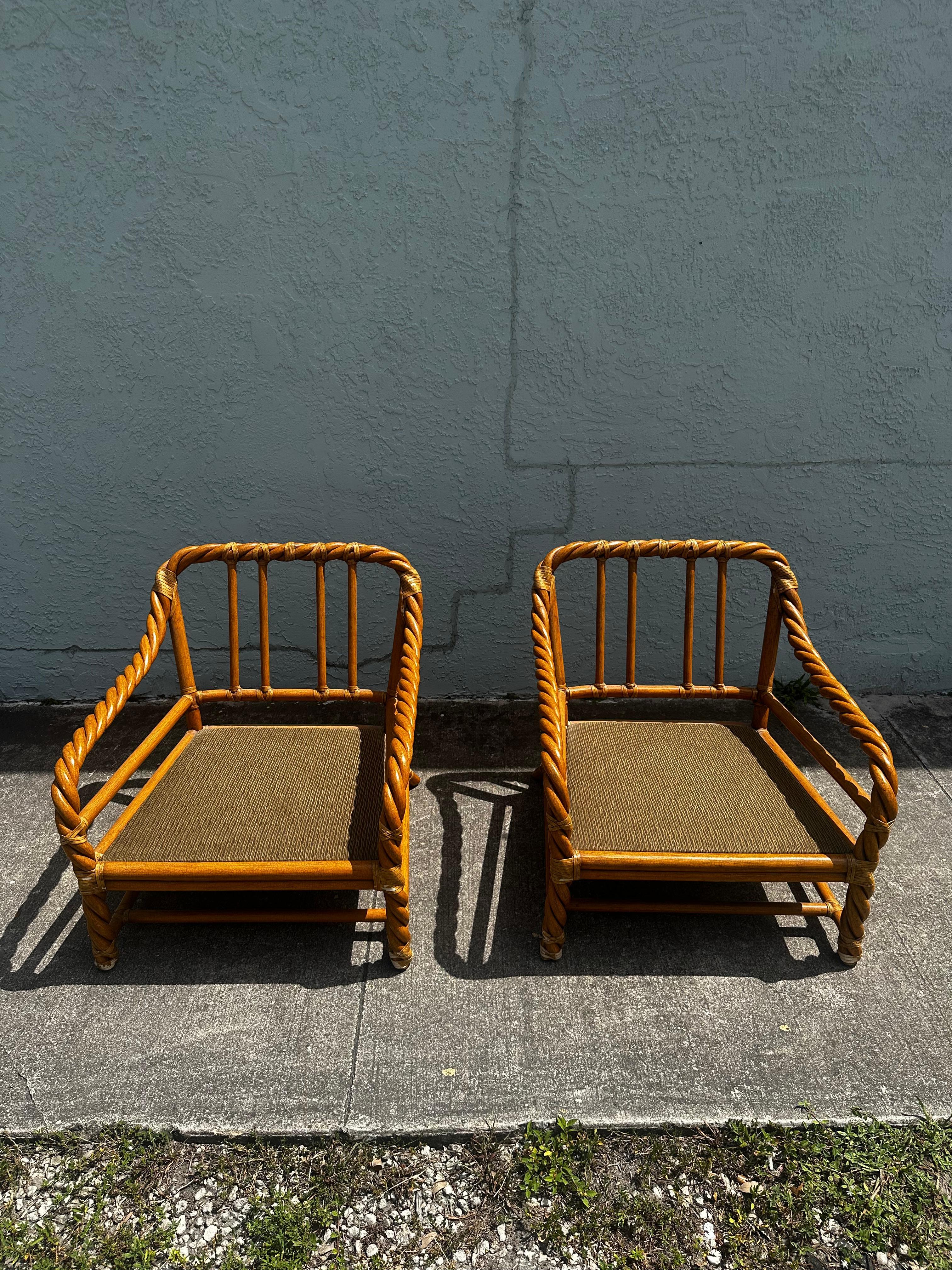 1980s McGuire Rattan Green Beige Chairs and Ottoman, Set of 3 For Sale 10