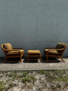 1980s McGuire Twisted Rattan Green Beige Chairs and Ottoman, Set of 3
