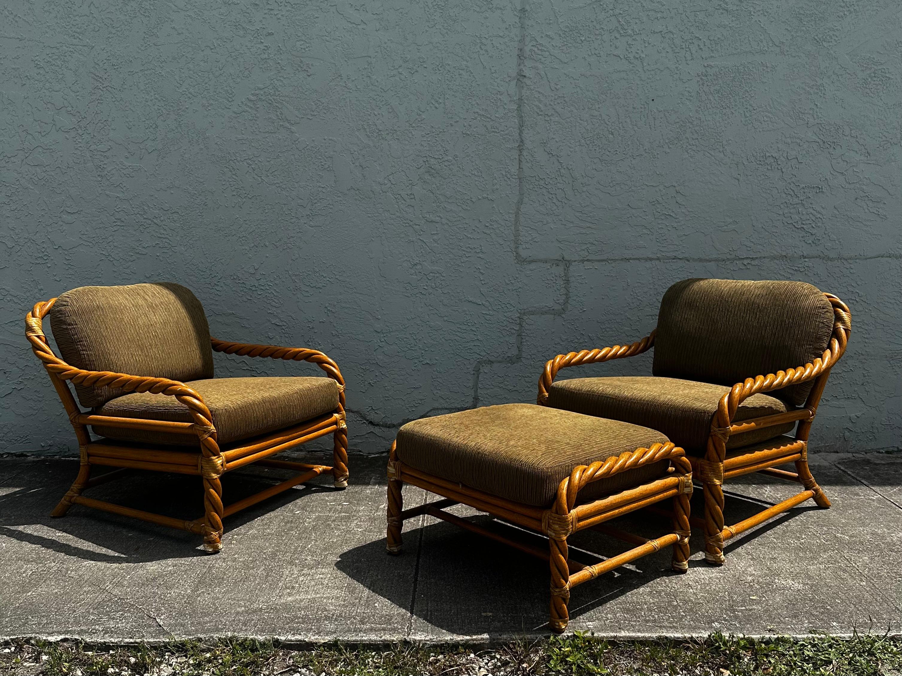 Bohemian 1980s McGuire Rattan Green Beige Chairs and Ottoman, Set of 3 For Sale