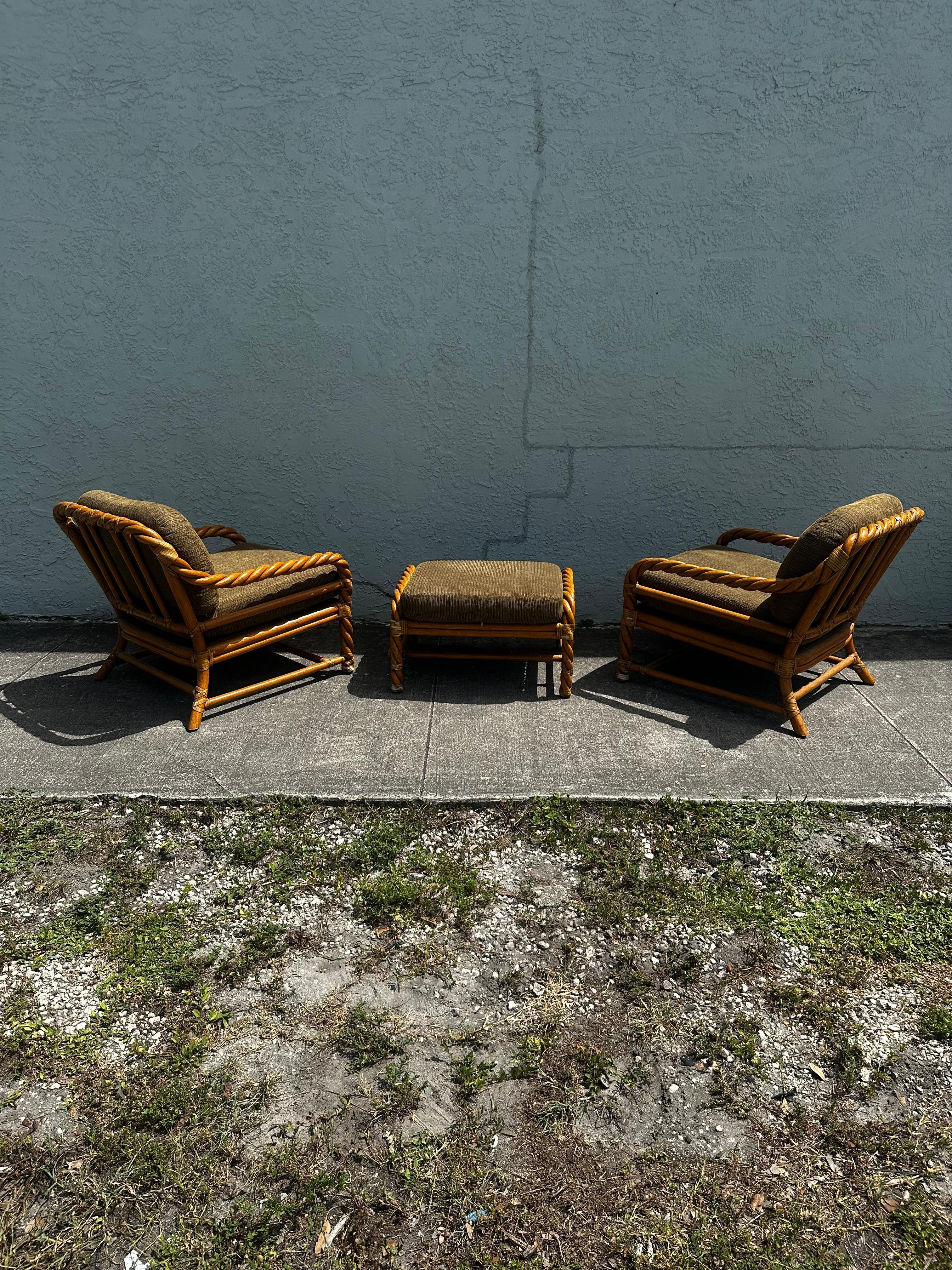 American 1980s McGuire Rattan Green Beige Chairs and Ottoman, Set of 3 For Sale