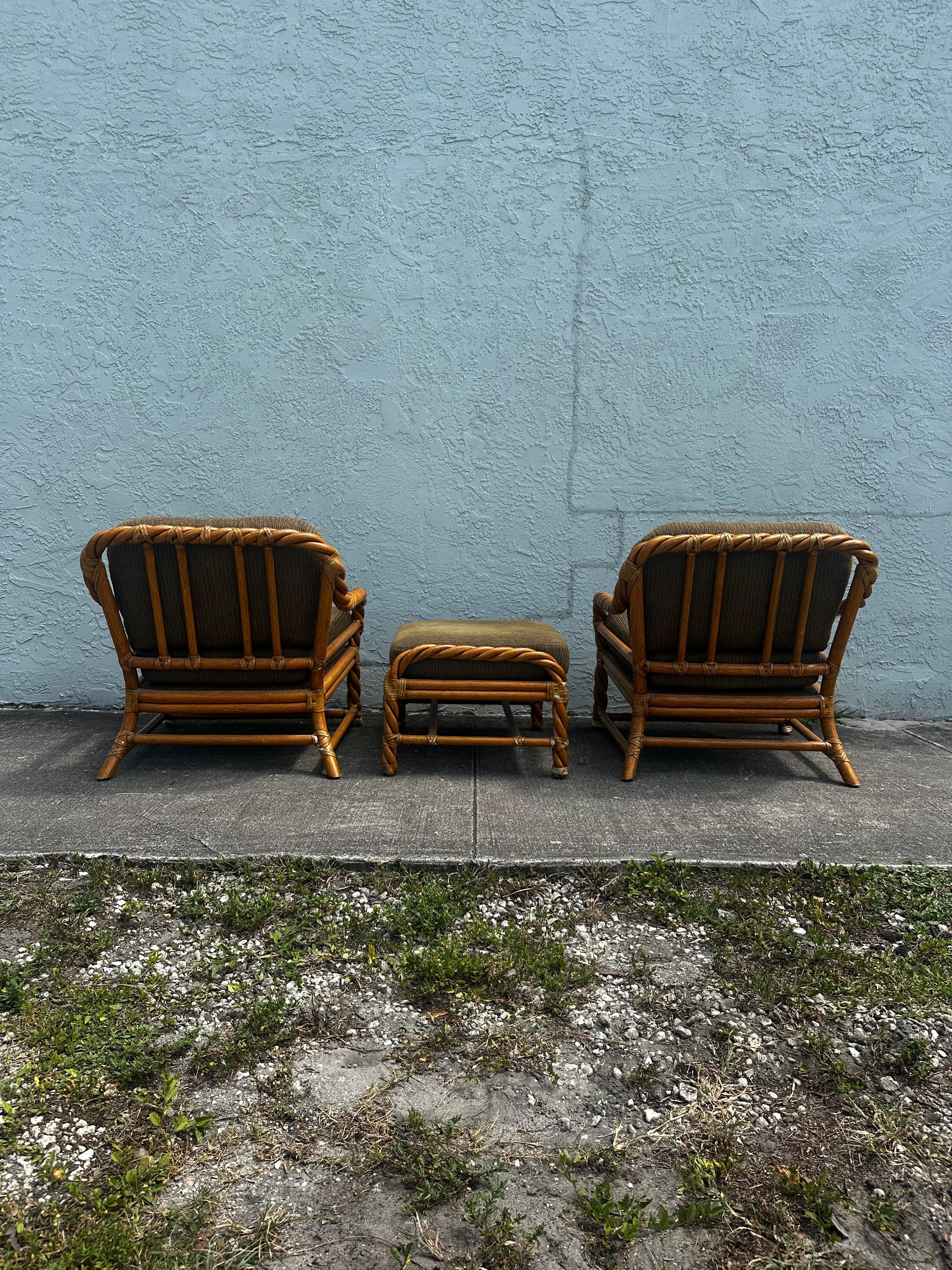 Late 20th Century 1980s McGuire Rattan Green Beige Chairs and Ottoman, Set of 3 For Sale