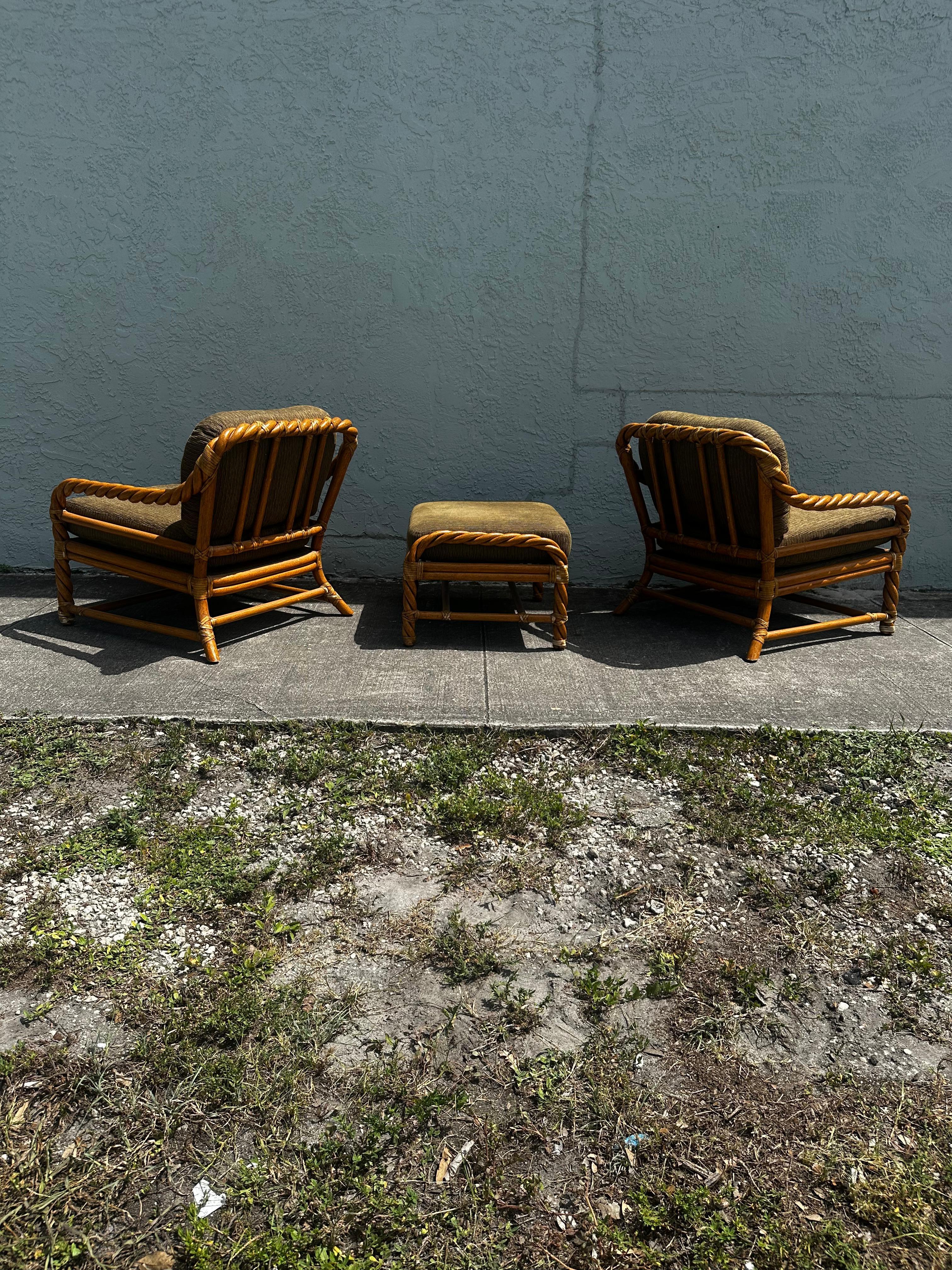 1980s McGuire Rattan Green Beige Chairs and Ottoman, Set of 3 For Sale 1