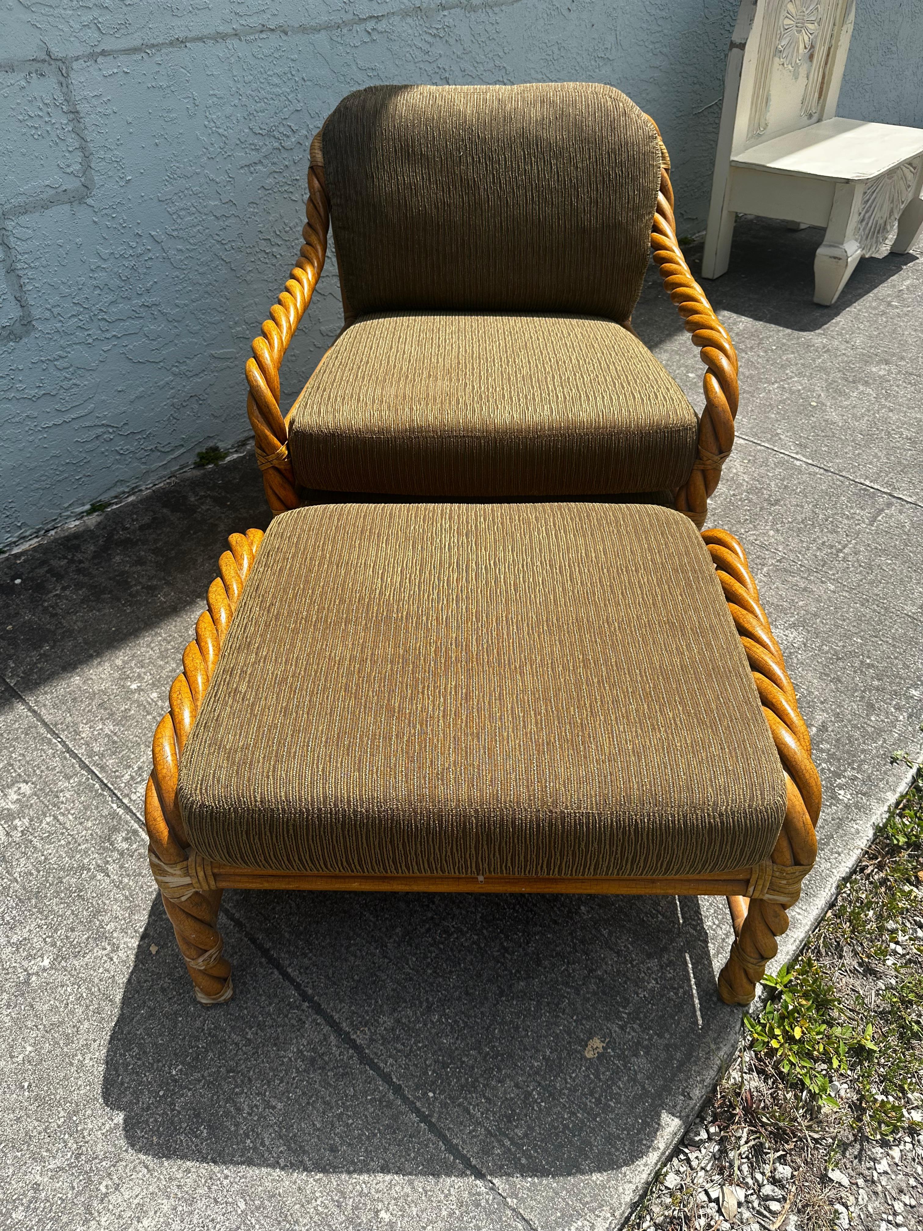 1980s McGuire Rattan Green Beige Chairs and Ottoman, Set of 3 For Sale 2