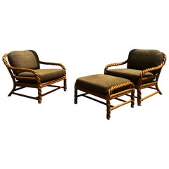 Set de 3 sillas y otomana McGuire de ratán verde beige, años 80