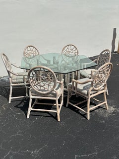 1980s McGuire Rattan Ice Washed Rustic Dining Chairs and Table, Set of 7